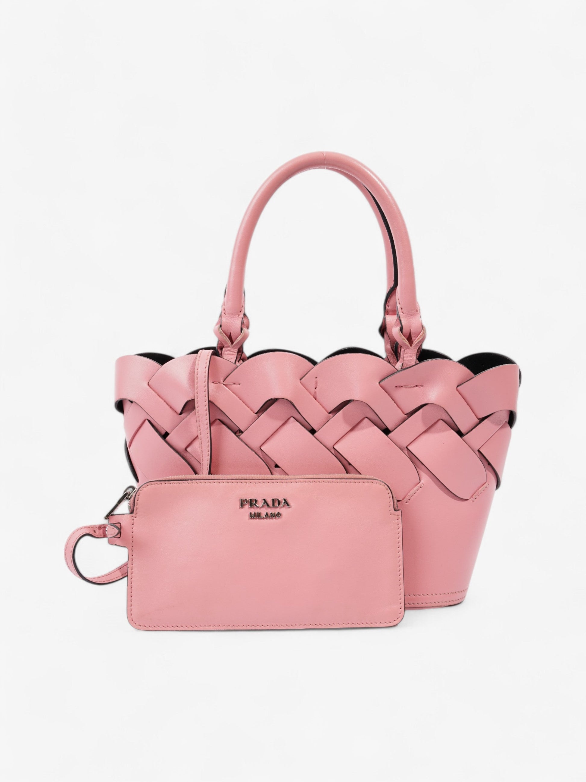 Prada Tote Leather Pink Woven Tote Bag