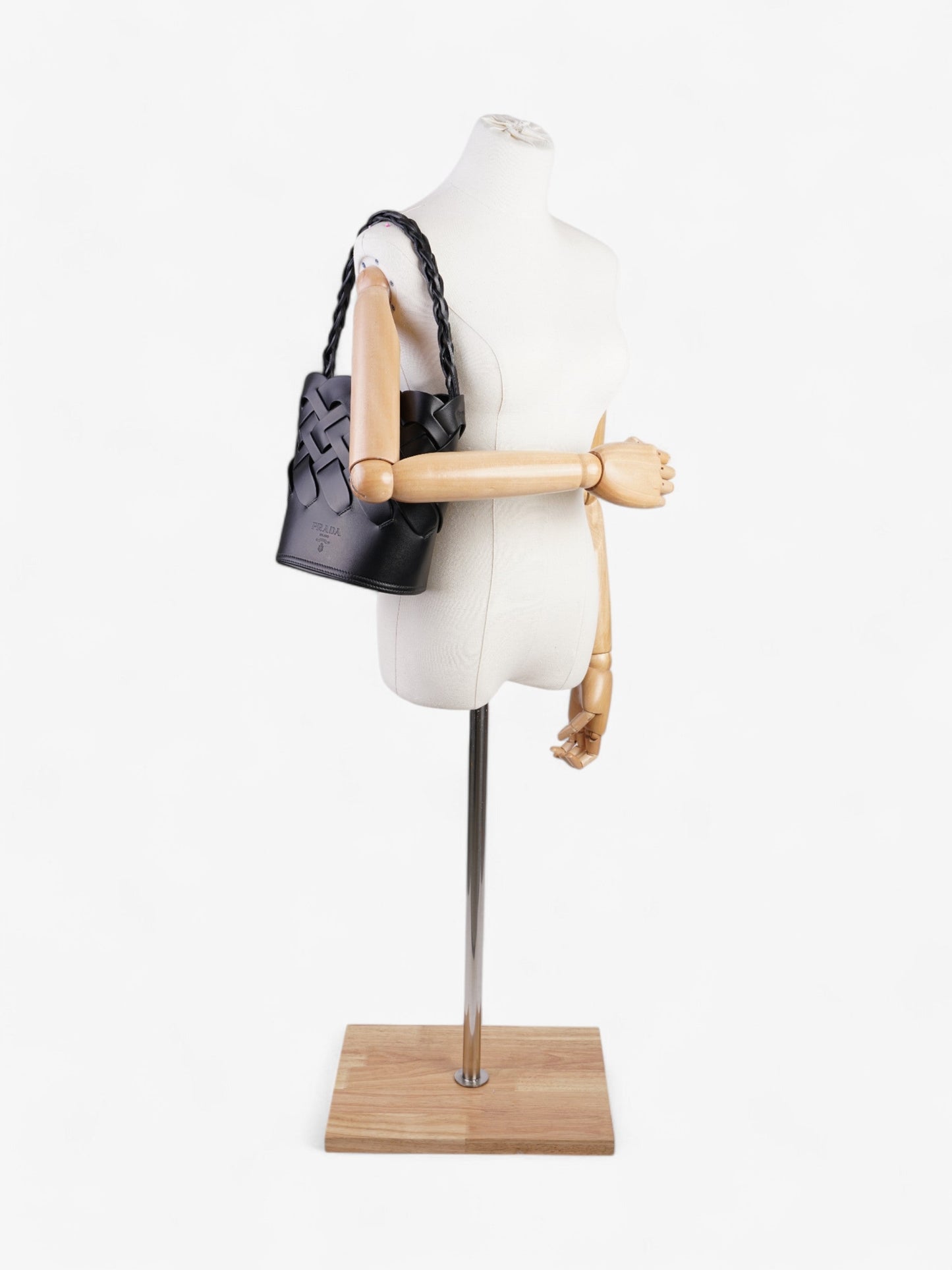 Prada Prada Small Woven Leather Bucket Bag In Black