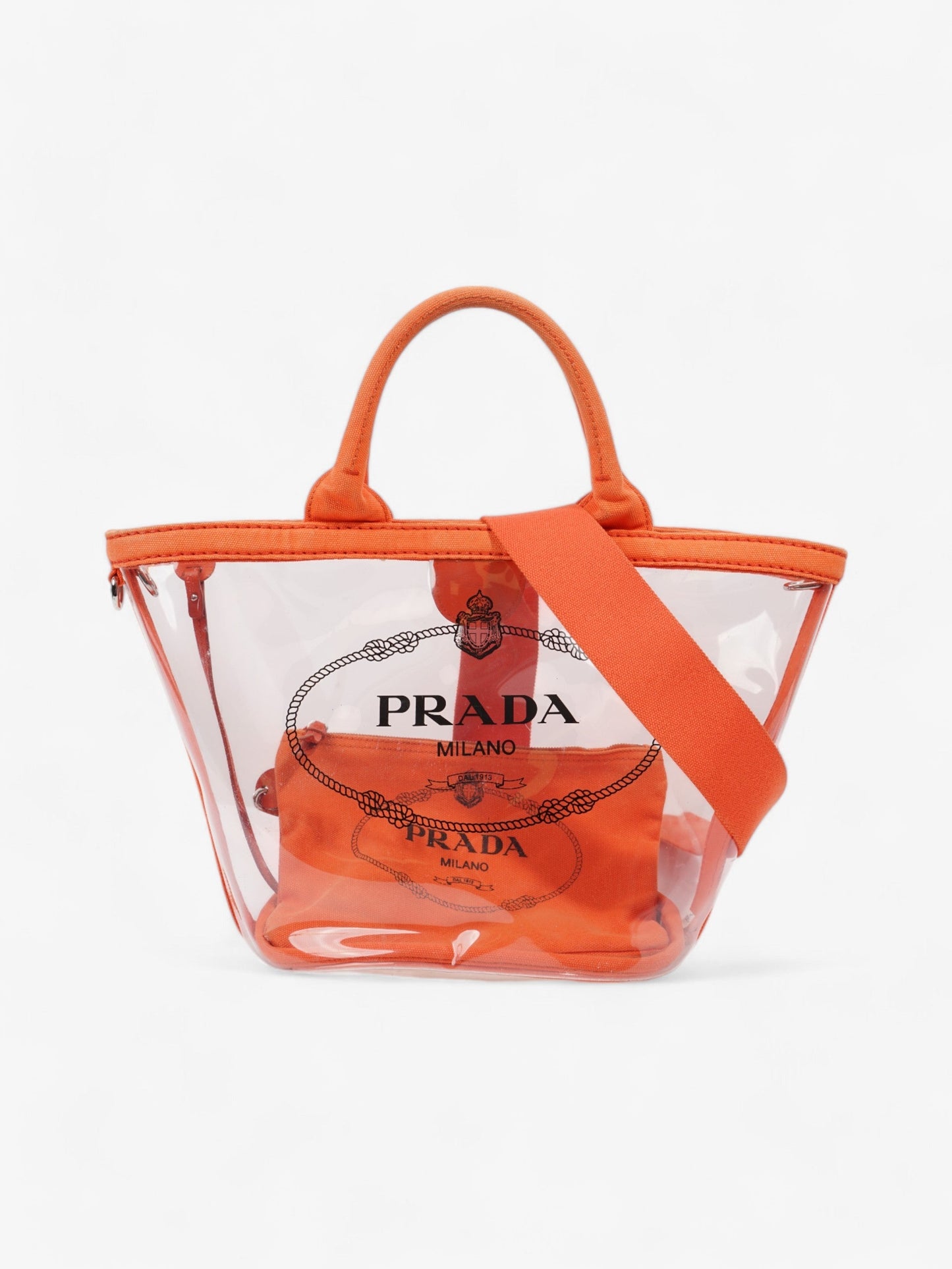 Prada Pvc Clear Print Tote Clear Pvc Orange Logo Tote Bag