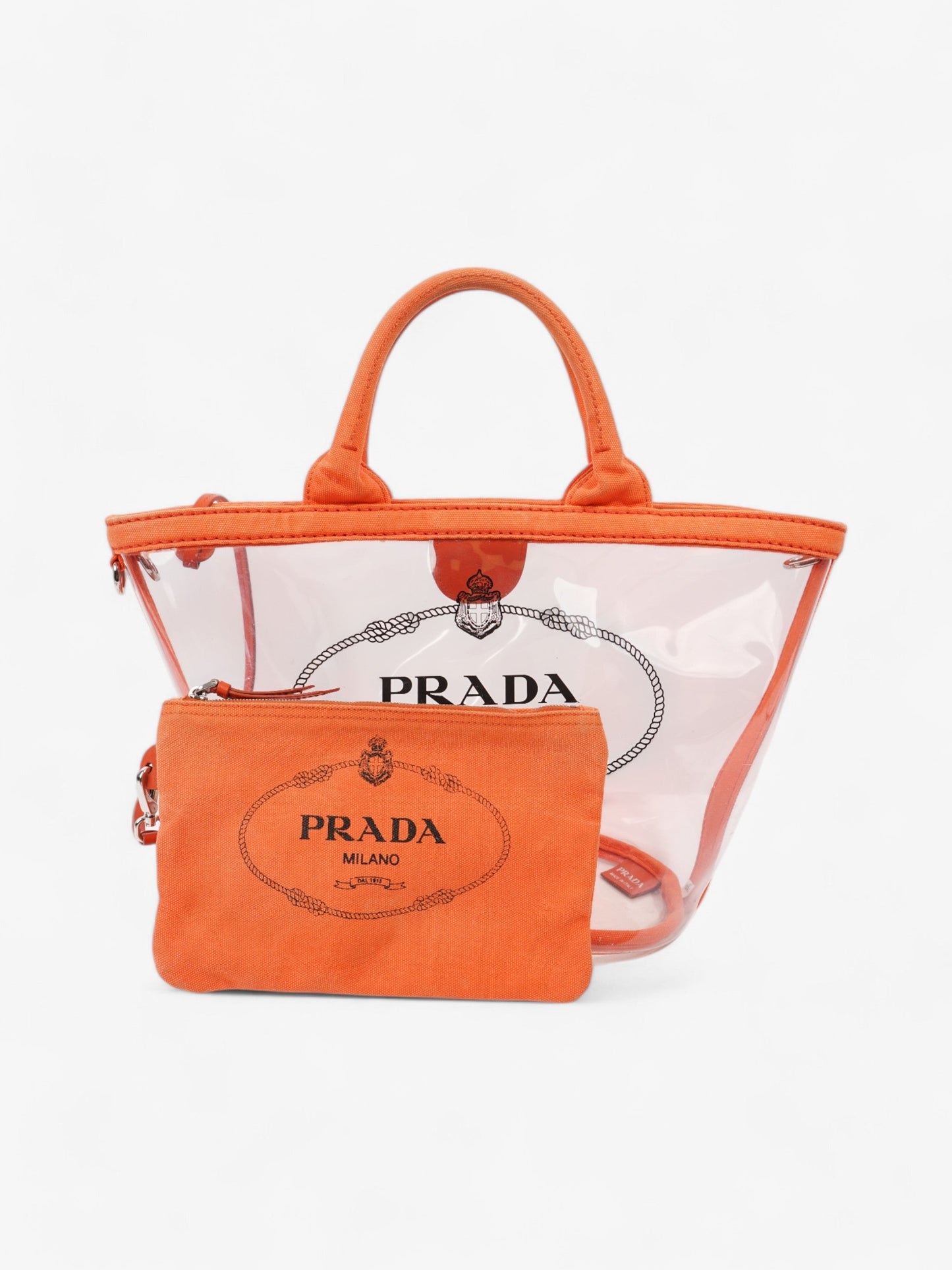 Prada Pvc Clear Print Tote Clear Pvc Orange Logo Tote Bag