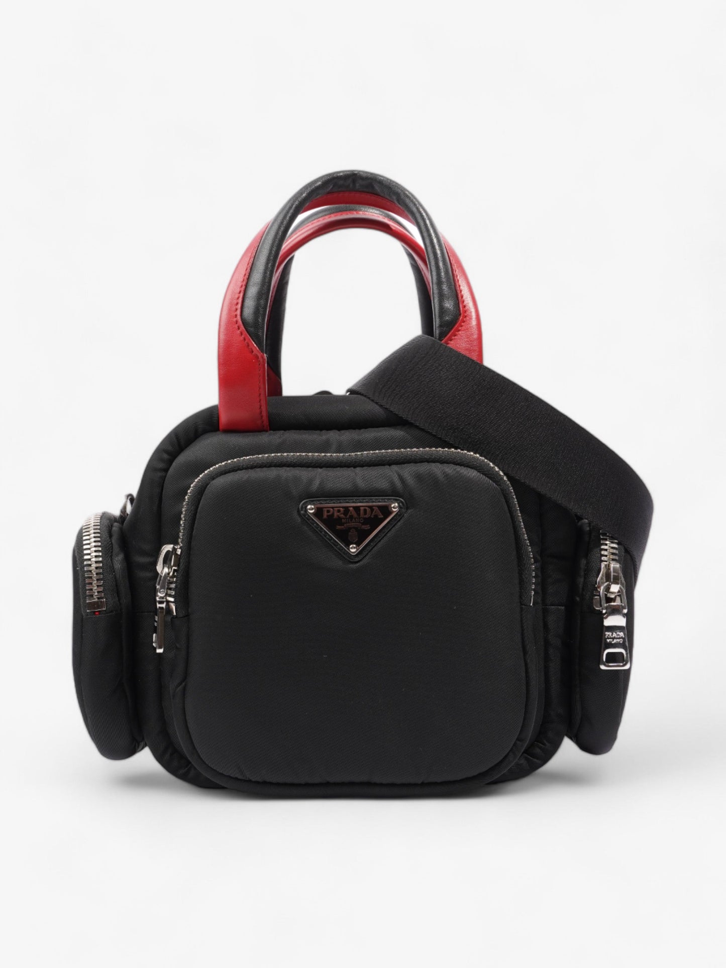 Prada Cargo Pocket Tote Re Nylon Black Red Crossbody Bag