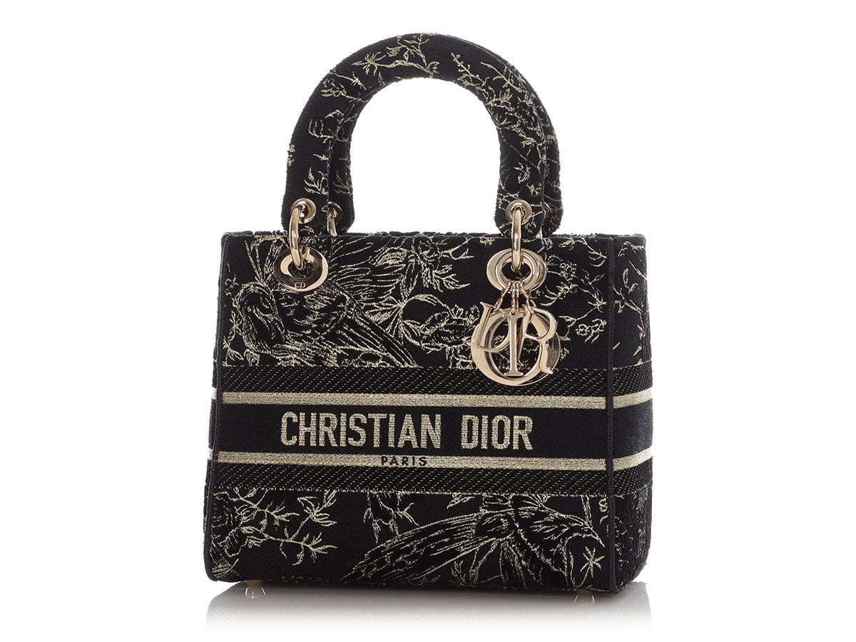 Dior And Toile De Jouy Embroidery Lady Lite Bag Black Gold Medium Tote Bag
