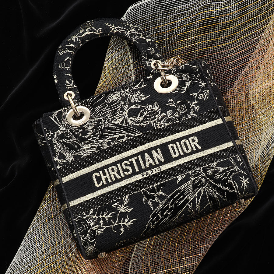 Dior And Toile De Jouy Embroidery Lady Lite Bag Black Gold Medium Tote Bag
