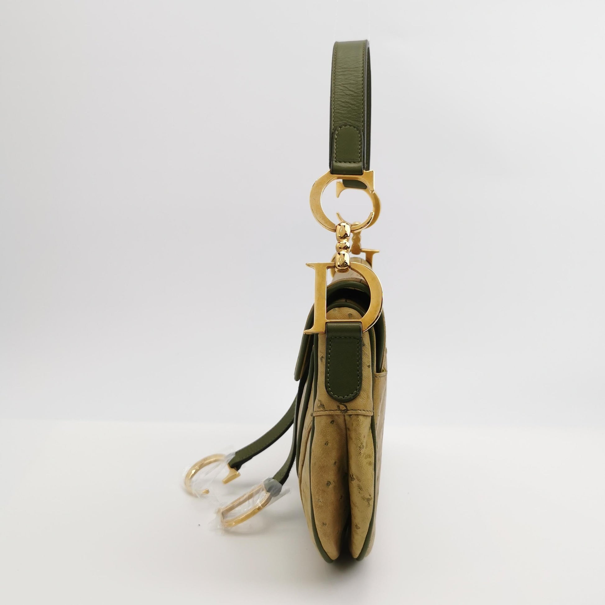 Dior Double Saddle Ostrich Hardware Handbag Leather Green Travel Bag