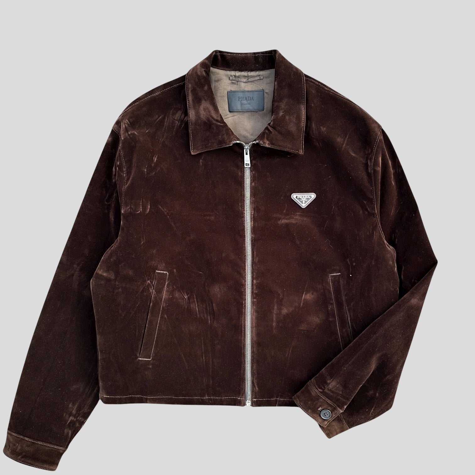 Prada Handbag Velvet Velour Plue Boxy Jacket - M Brown Logo