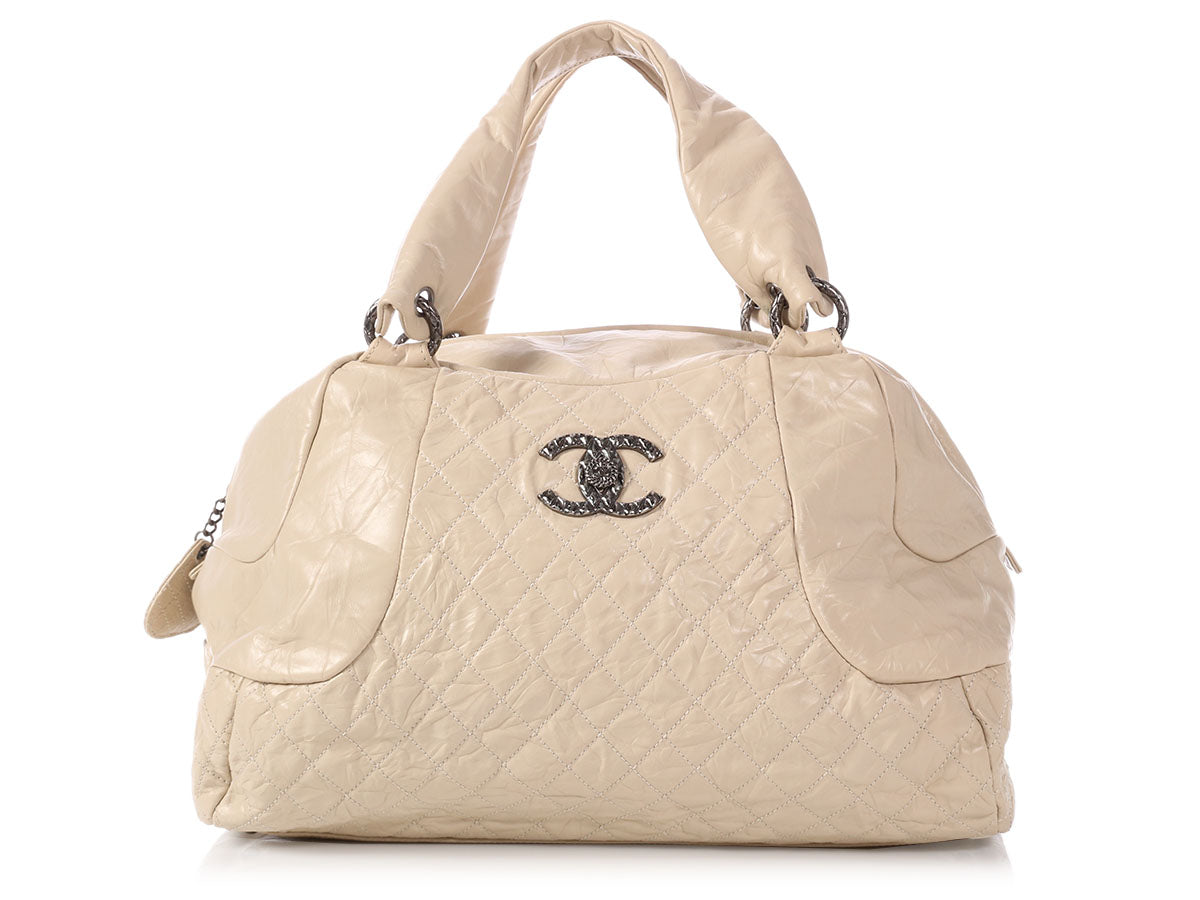 Chanel Extra Crinkled Calfskin Bowler Handbag Cream Large Satchel Bag