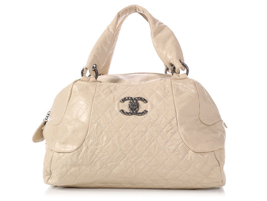 Chanel Extra Crinkled Calfskin Bowler Handbag Cream Large Satchel Bag