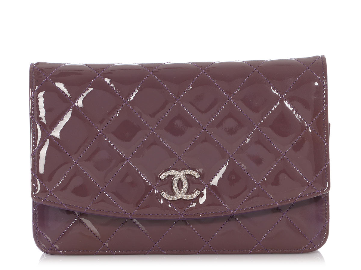 Chanel Violet Patent Brilliant Wallet On WOC Handbag Quilted Chain Crossbody Bag