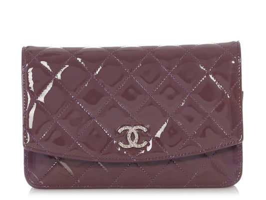 Chanel Violet Patent Brilliant Wallet On WOC Handbag Quilted Chain Crossbody Bag