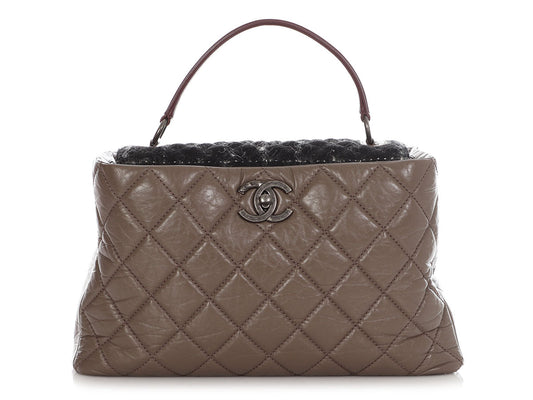 Chanel Tweed and Portobello Glazed Calfskin Top Handle Quilted Handbag