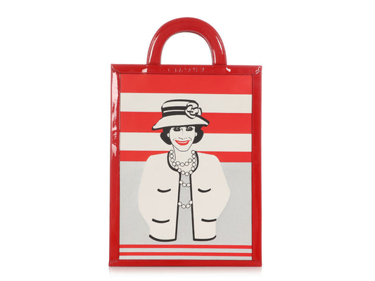 Chanel Striped Coco Tote Leather Red Tote Bag