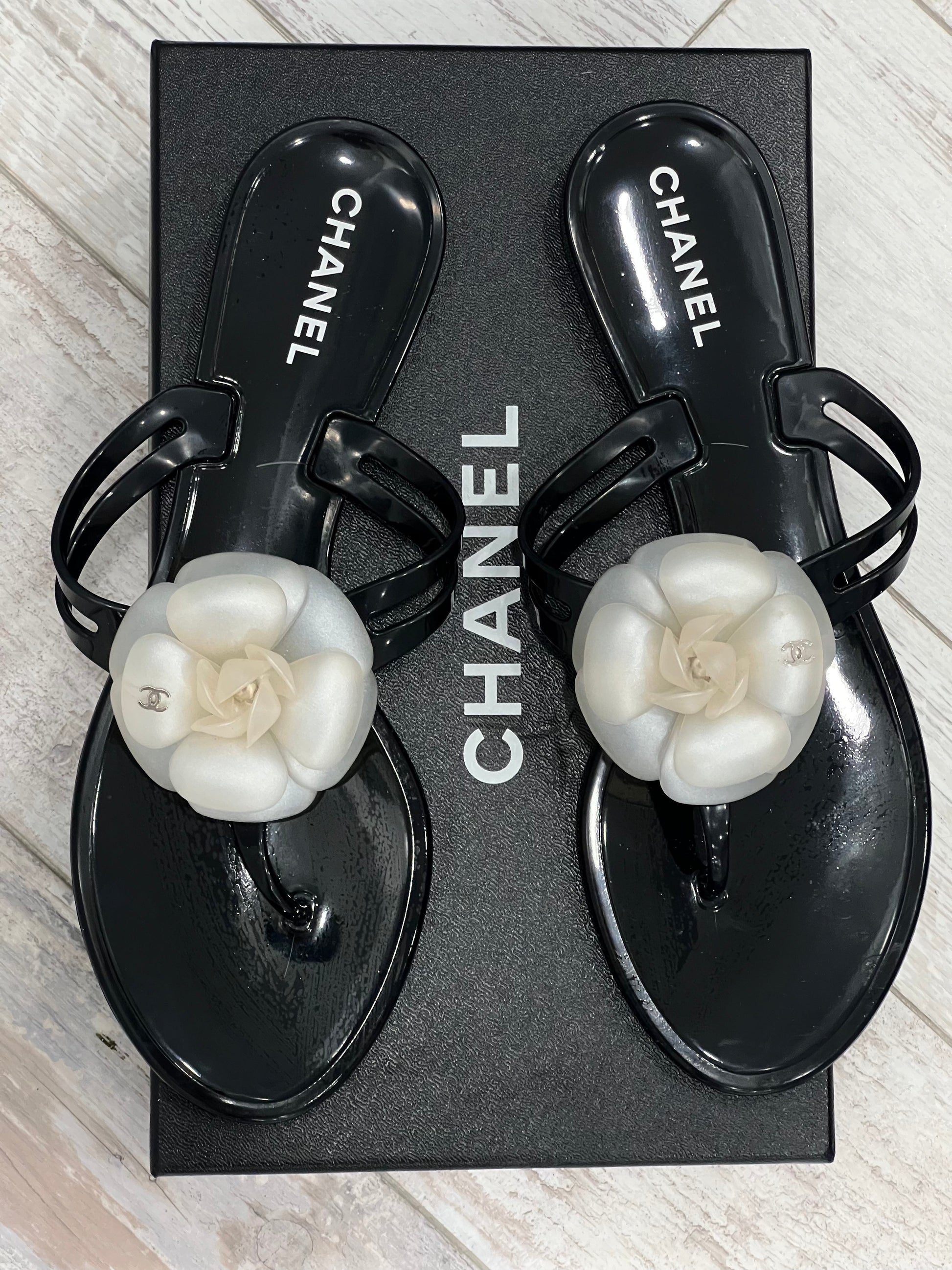 CHANEL CC JELLY CAMELLIA THONG SANDALS