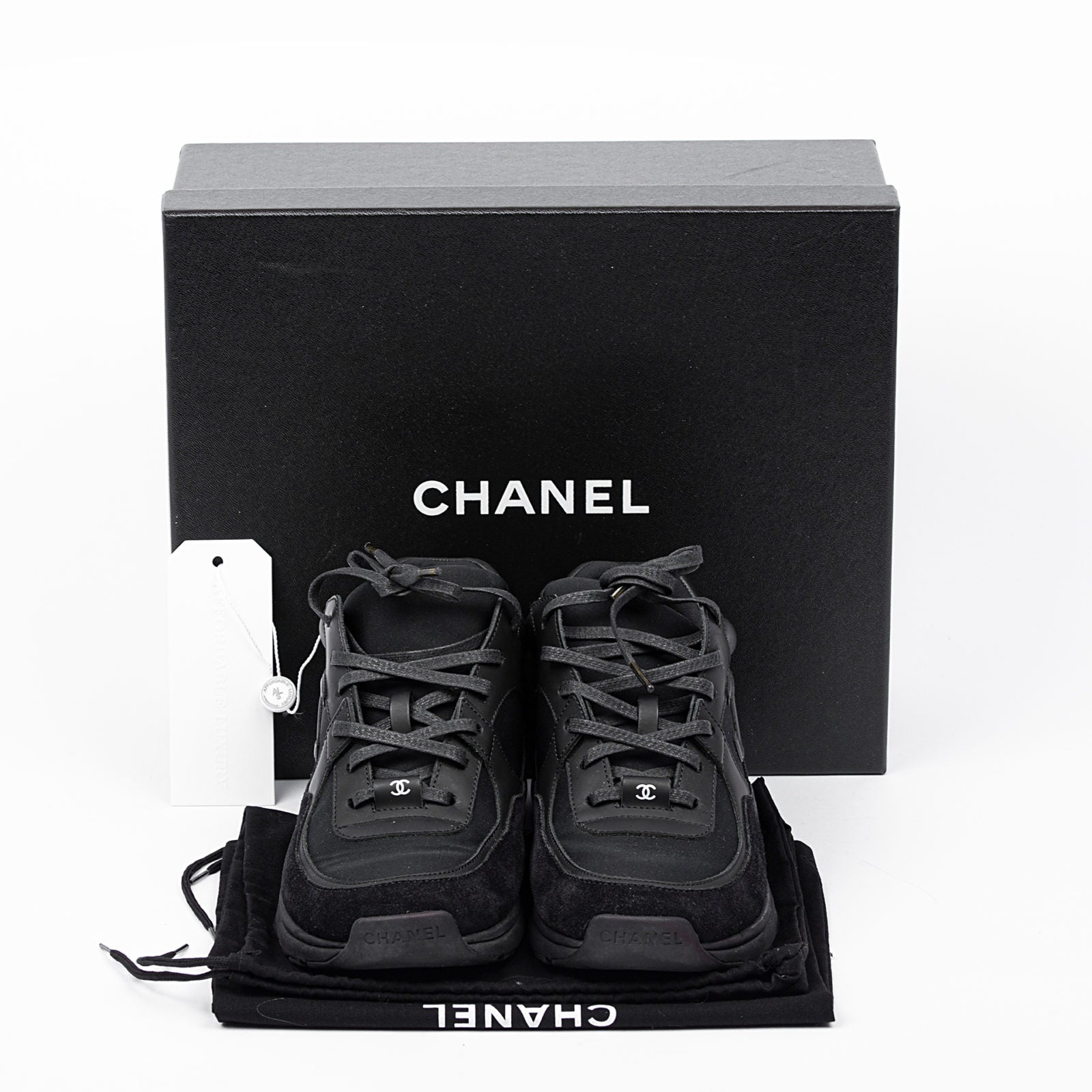 CHANEL CC LEATHER & MIXED FABRIC SNEAKERS