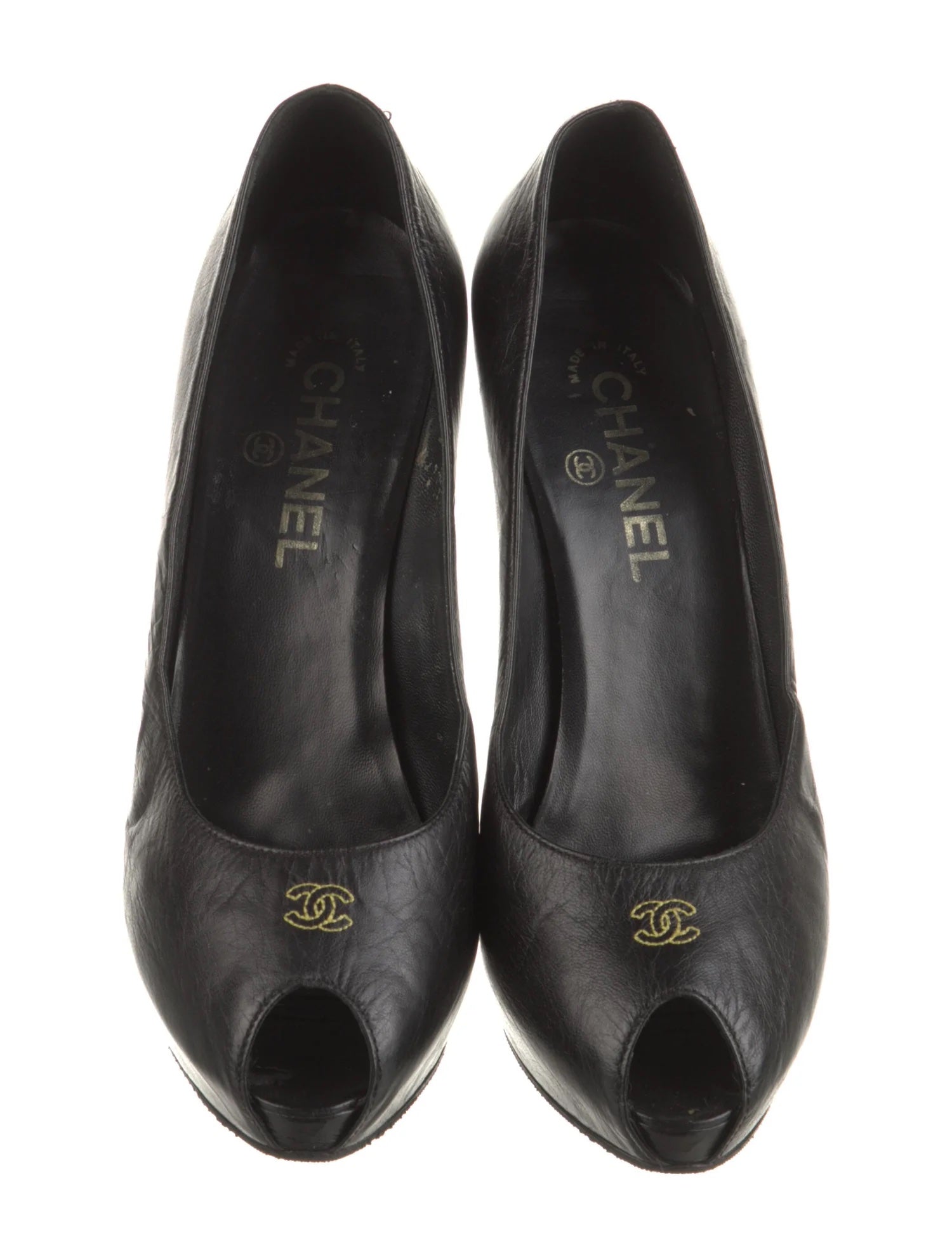 CHANEL CC CALFSKIN LEATHER PEEP TOE PUMPS