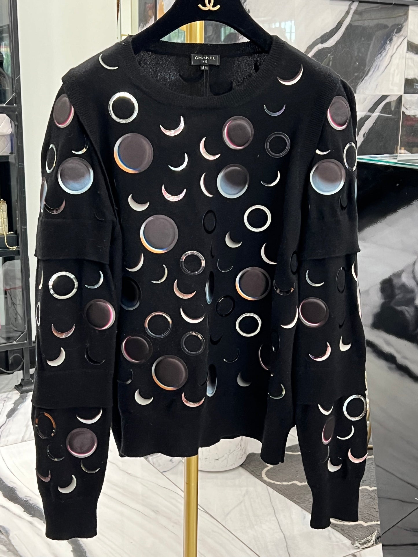 Chanel CASHMERE ABSTRACT SPACE MOON RUNWAY SWEATER Handbag Denim Mini Jewelry