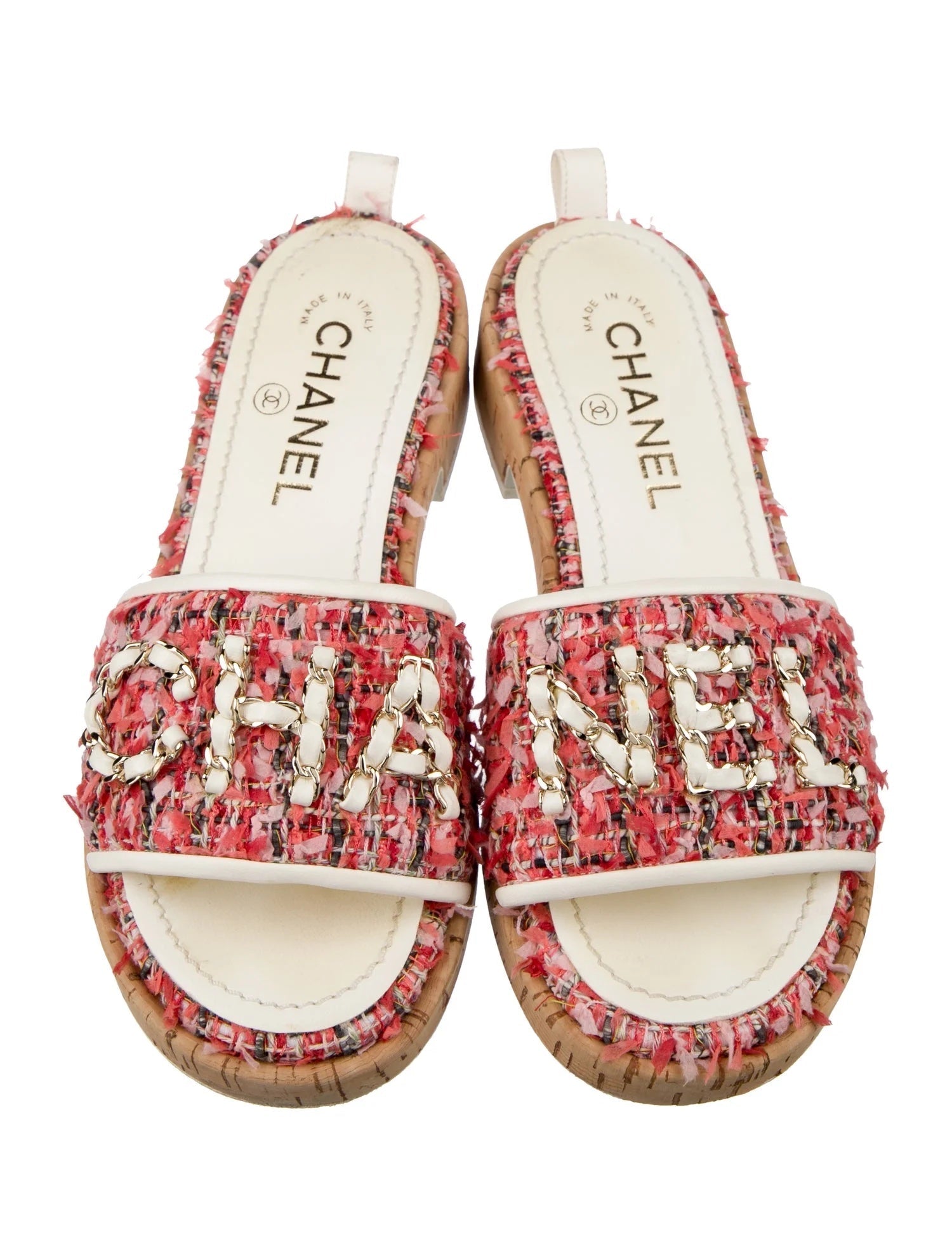 CHANEL TWEED CORK "CHA NEL" MULE SANDALS