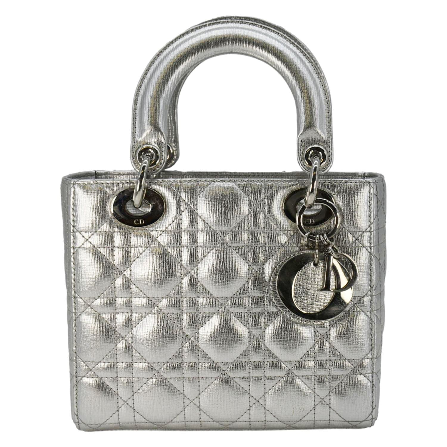 Dior Lady Lambskin Shoulder Bag Metallic Leather Silver
