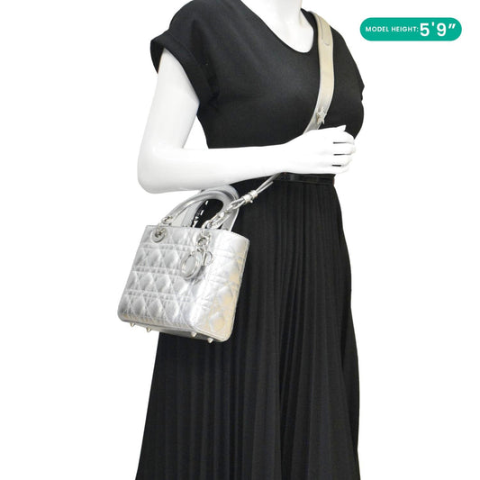 Dior Lady Shoulder Bag Metallic Leather Lambskin Silver