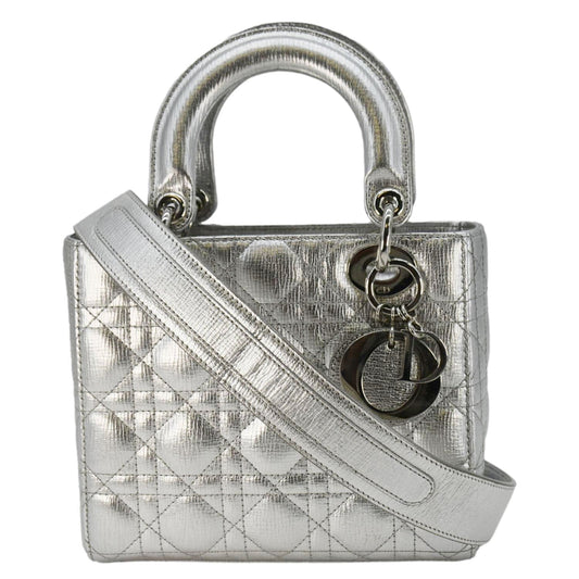 Dior Lady Lambskin Shoulder Bag Metallic Leather Silver