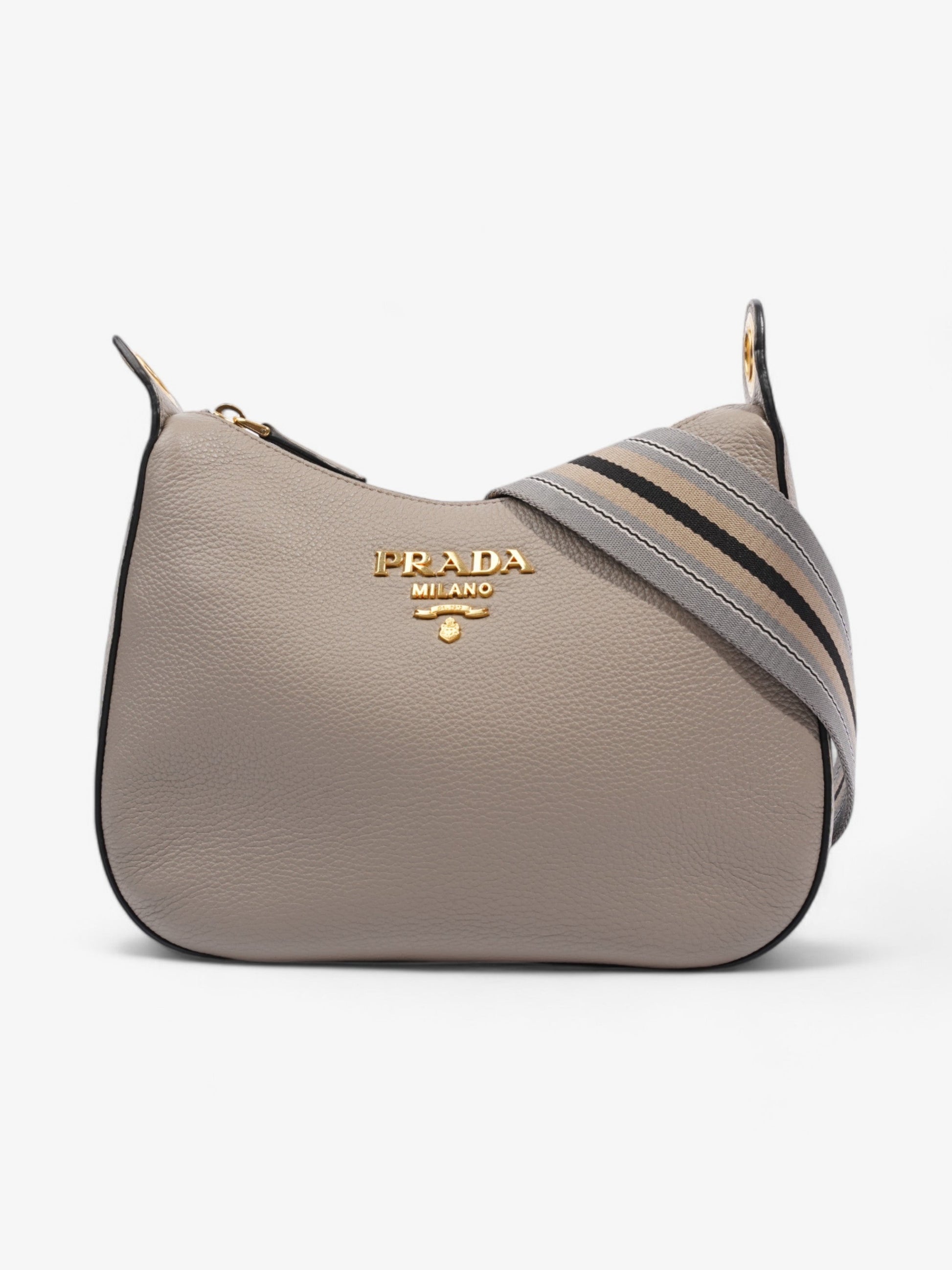 Prada Zipped Hobo Taupe Calfskin Leather Crossbody Bag Taupe Calfskin Leather