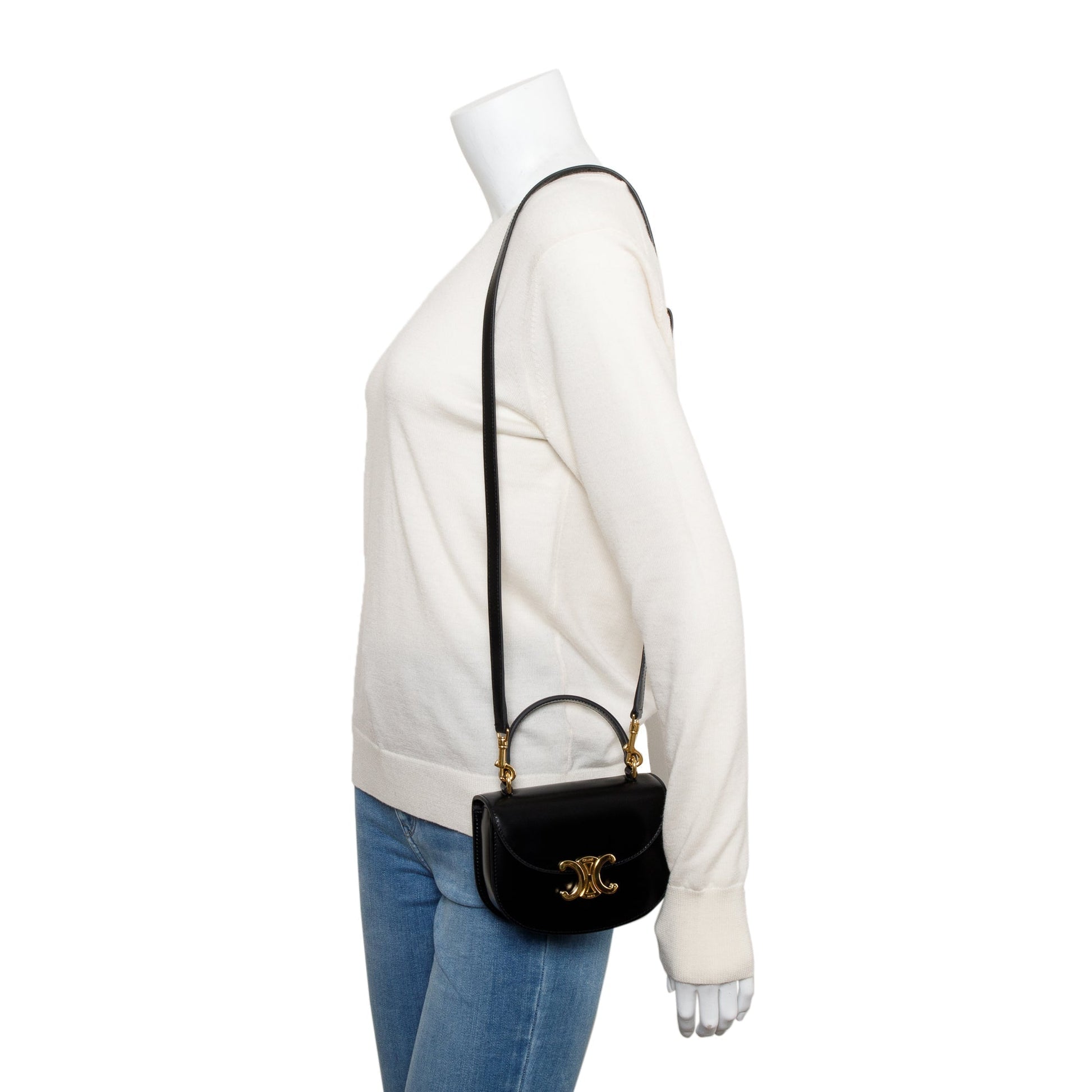 Celine Shiny Calfskin Besace Clea Shoulder Bag Leather Black