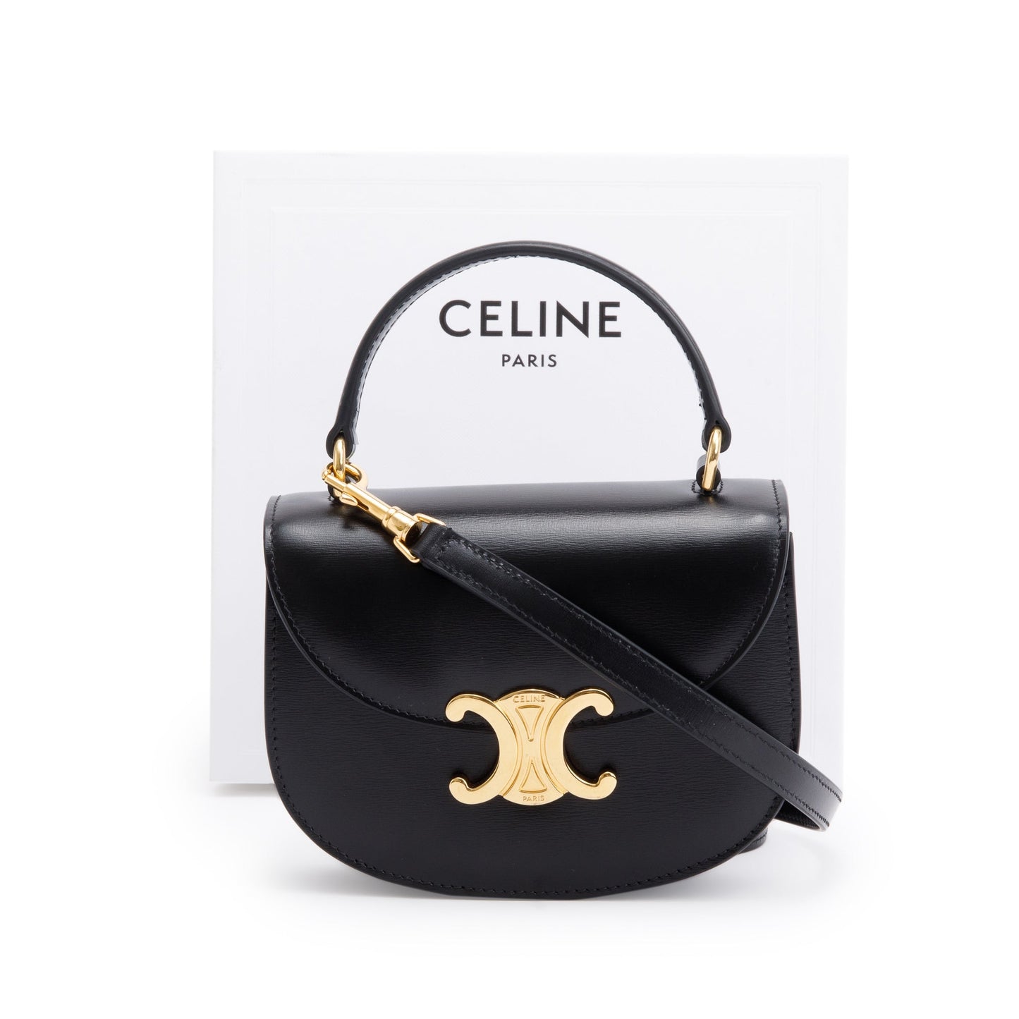 Celine Shiny Calfskin Besace Clea Shoulder Bag Leather Black