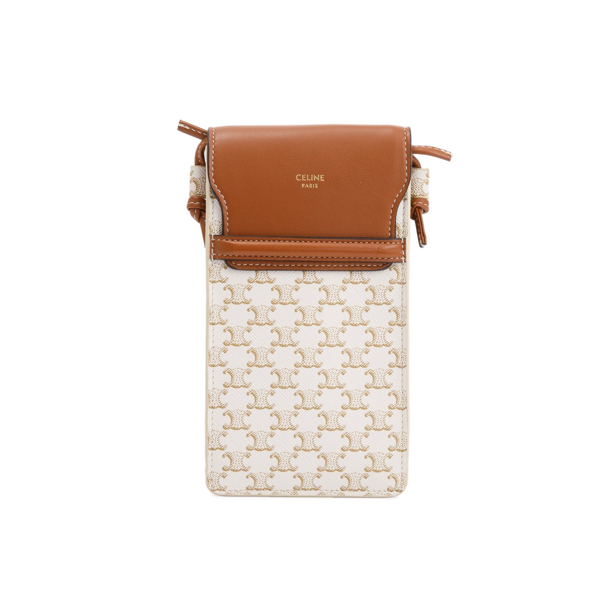 Celine Triomphe & Tan Lambskin Flap Phone Pouch Leather Canvas Travel Bag