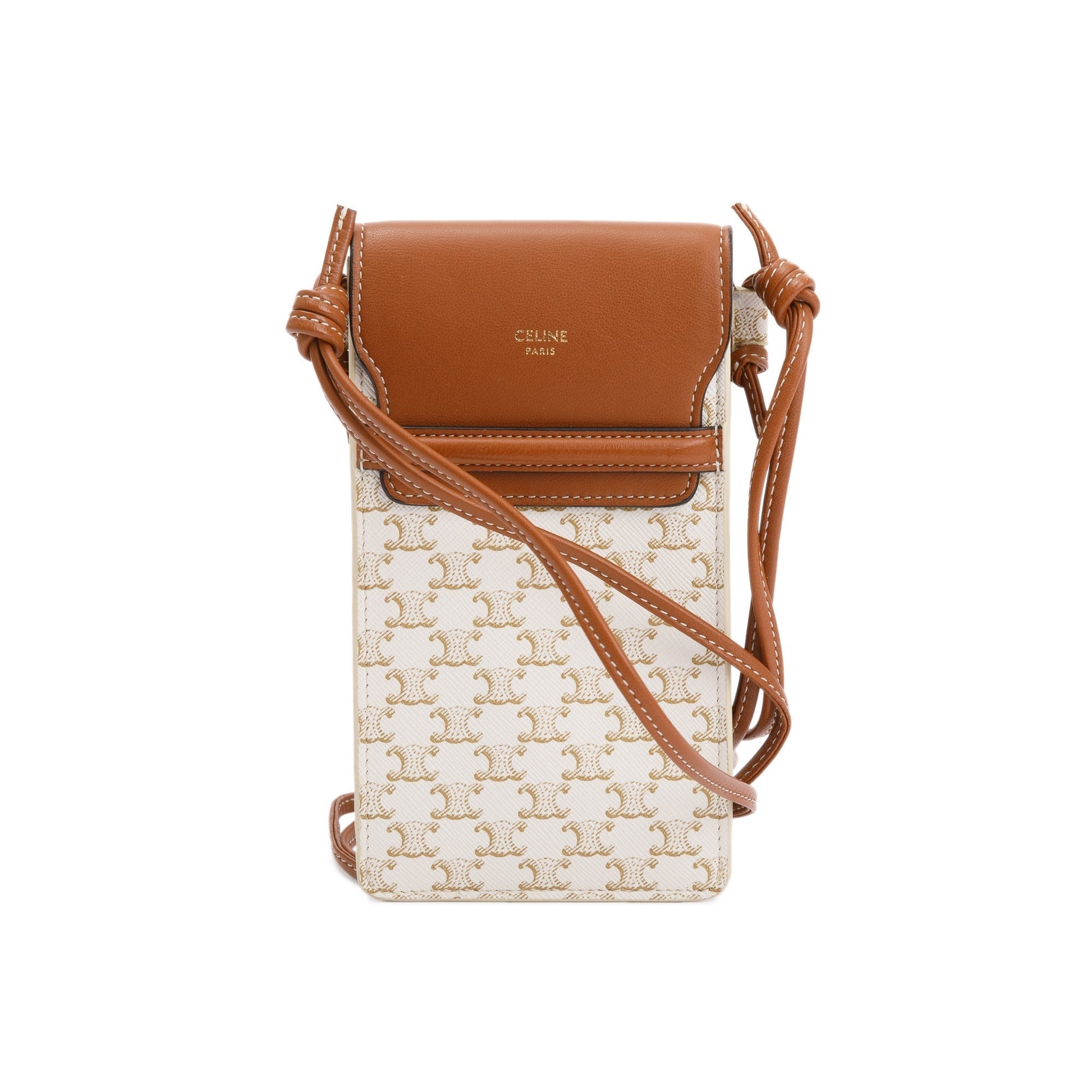Celine Triomphe & Tan Lambskin Flap Phone Pouch Leather Canvas Travel Bag