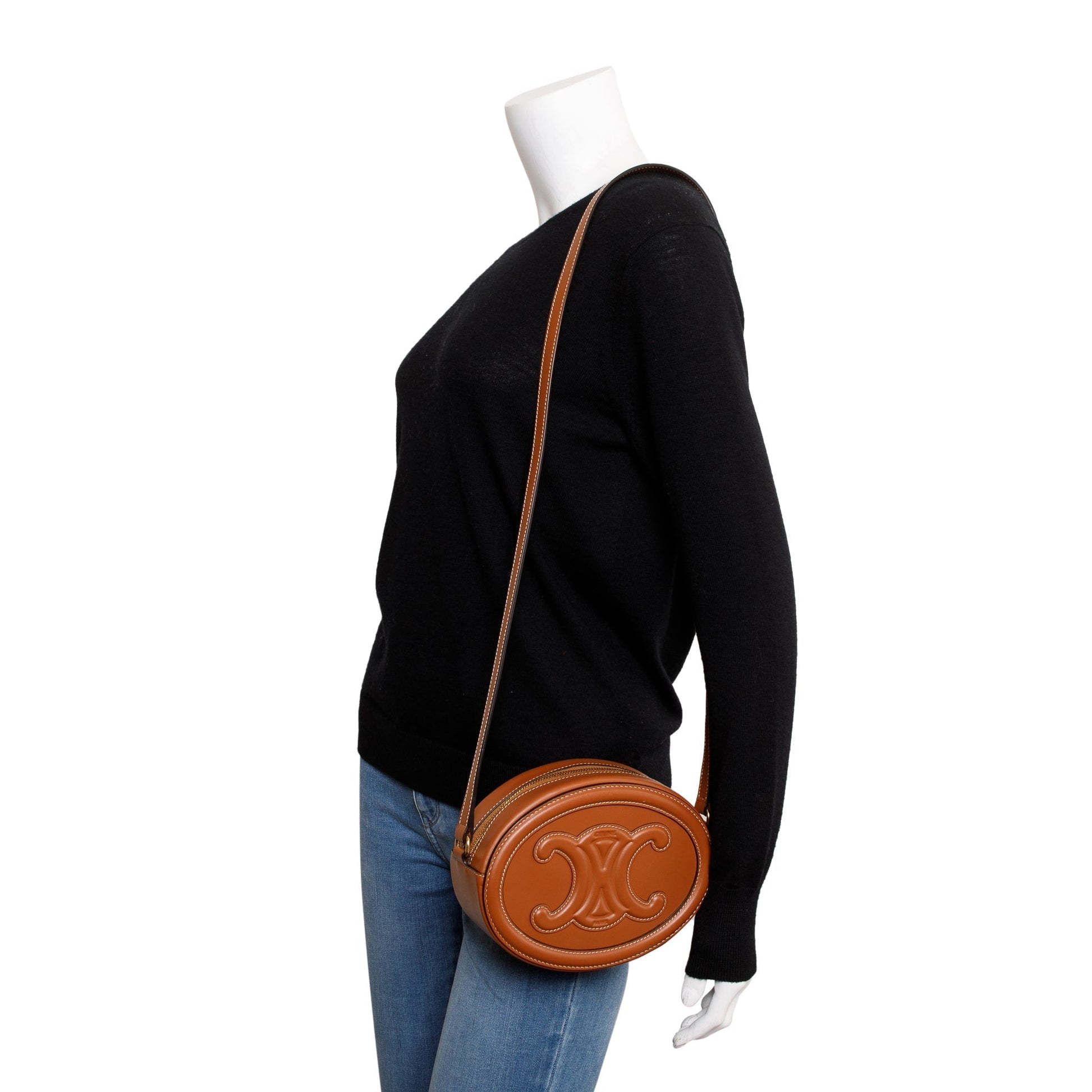 Celine Smooth Calfskin Cuir Triomphe Oval Crossbody Bag Leather Tan
