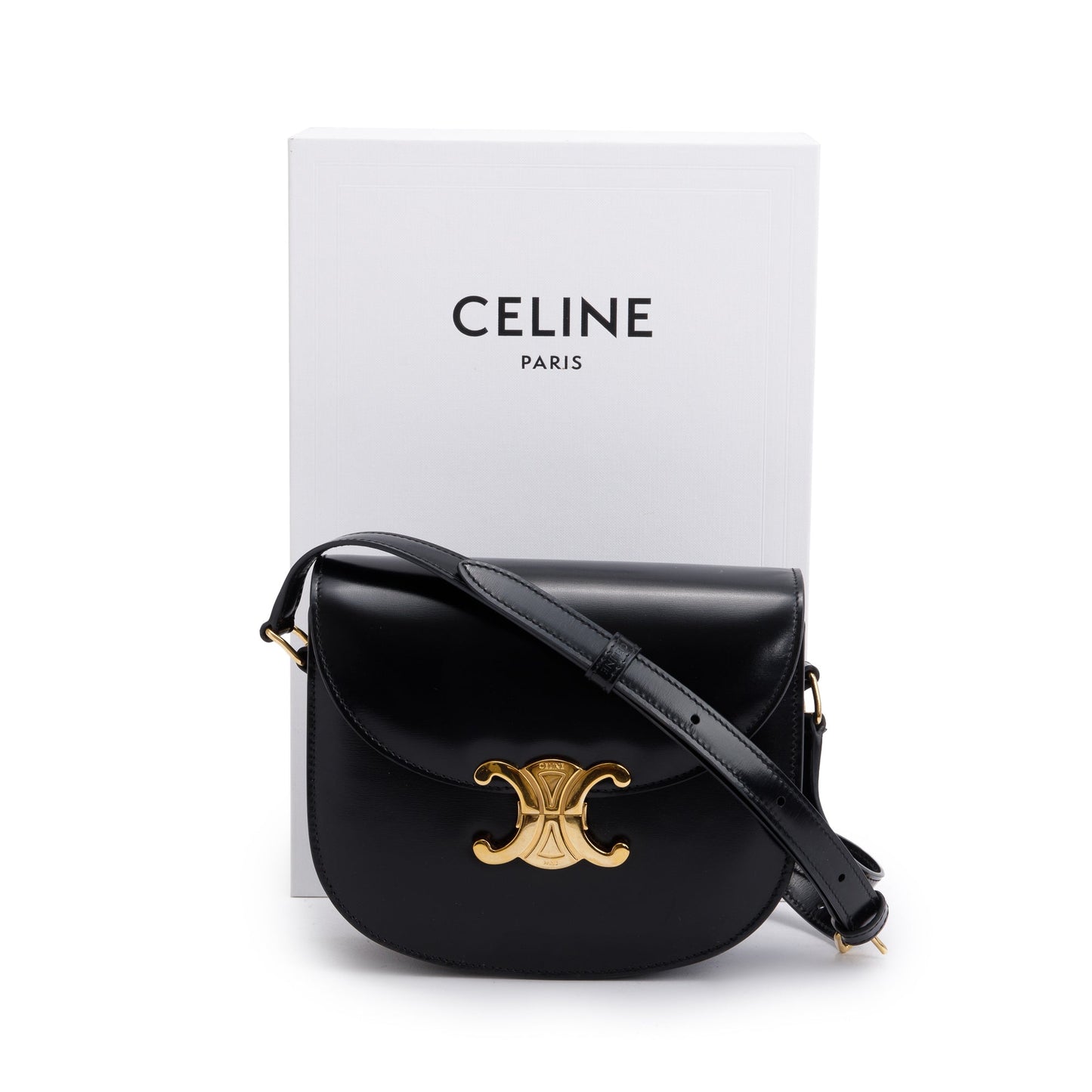 Celine Shiny Calfskin Teen Triomphe Shoulder Bag Leather Black