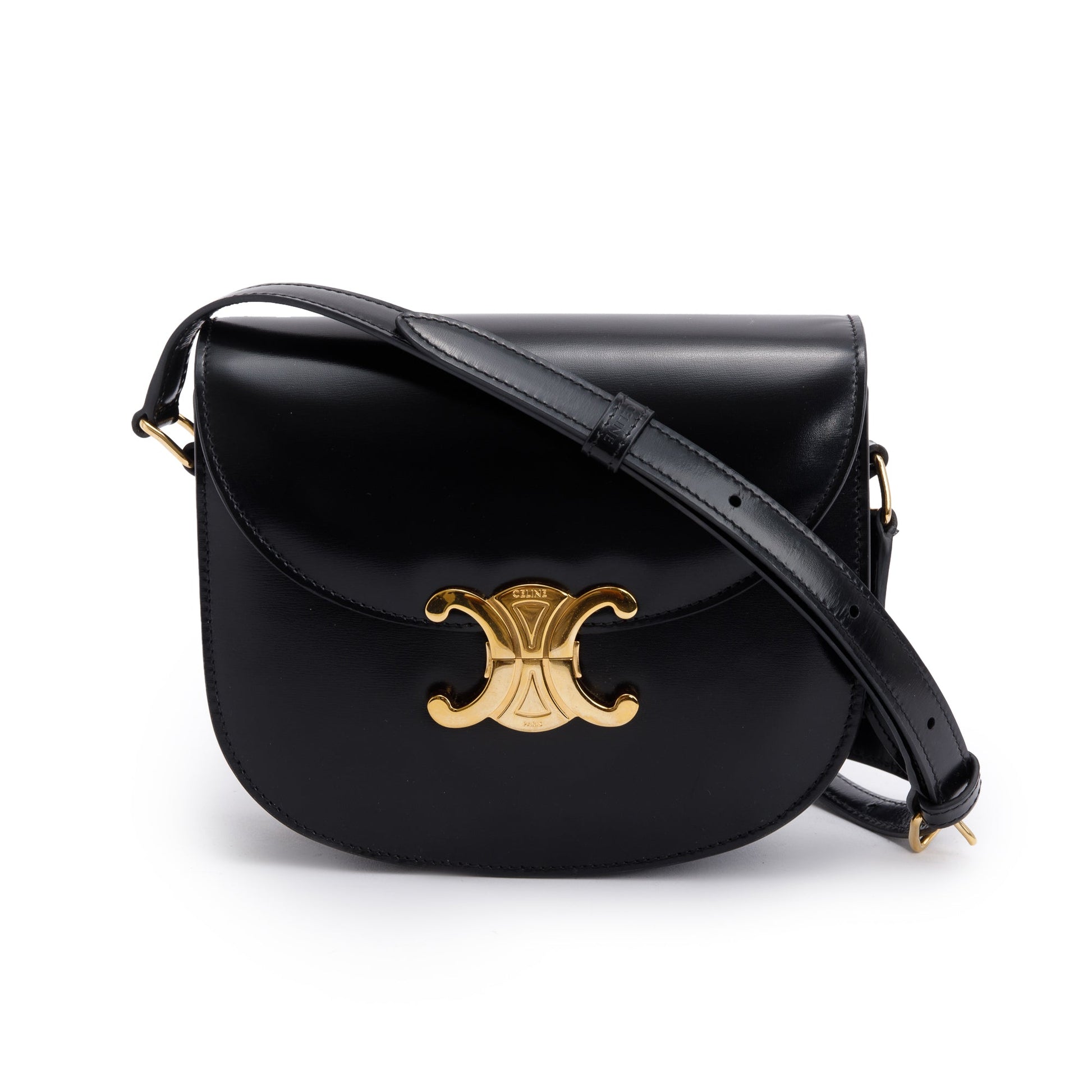 Celine Shiny Calfskin Teen Triomphe Shoulder Bag Leather Black