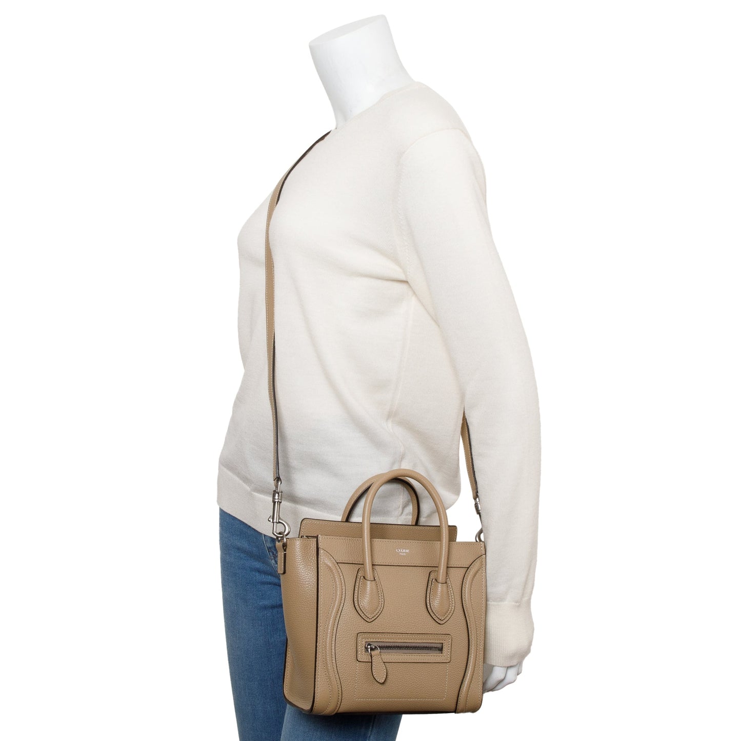 Celine Drummed Calfskin Nano Luggage Tote Handbag Leather Beige Tote Bag