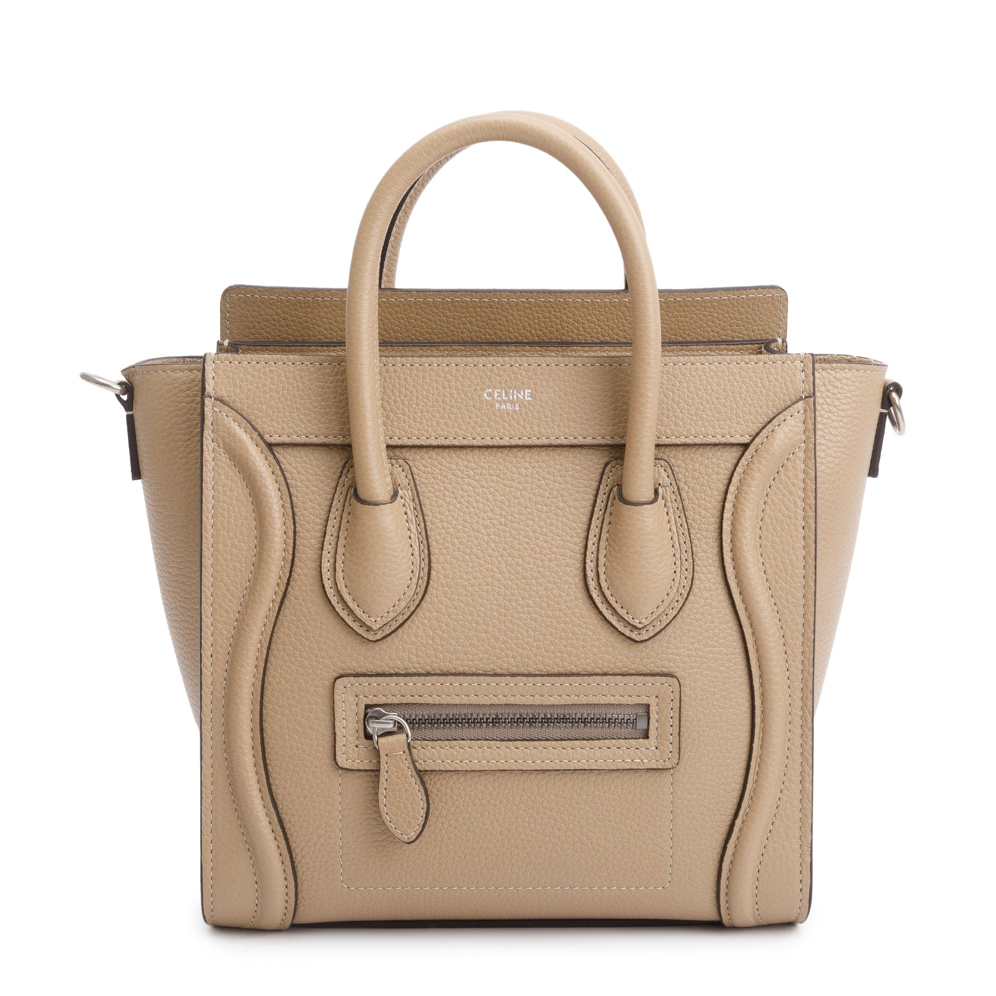 Celine Drummed Calfskin Nano Luggage Tote Handbag Leather Beige Tote Bag