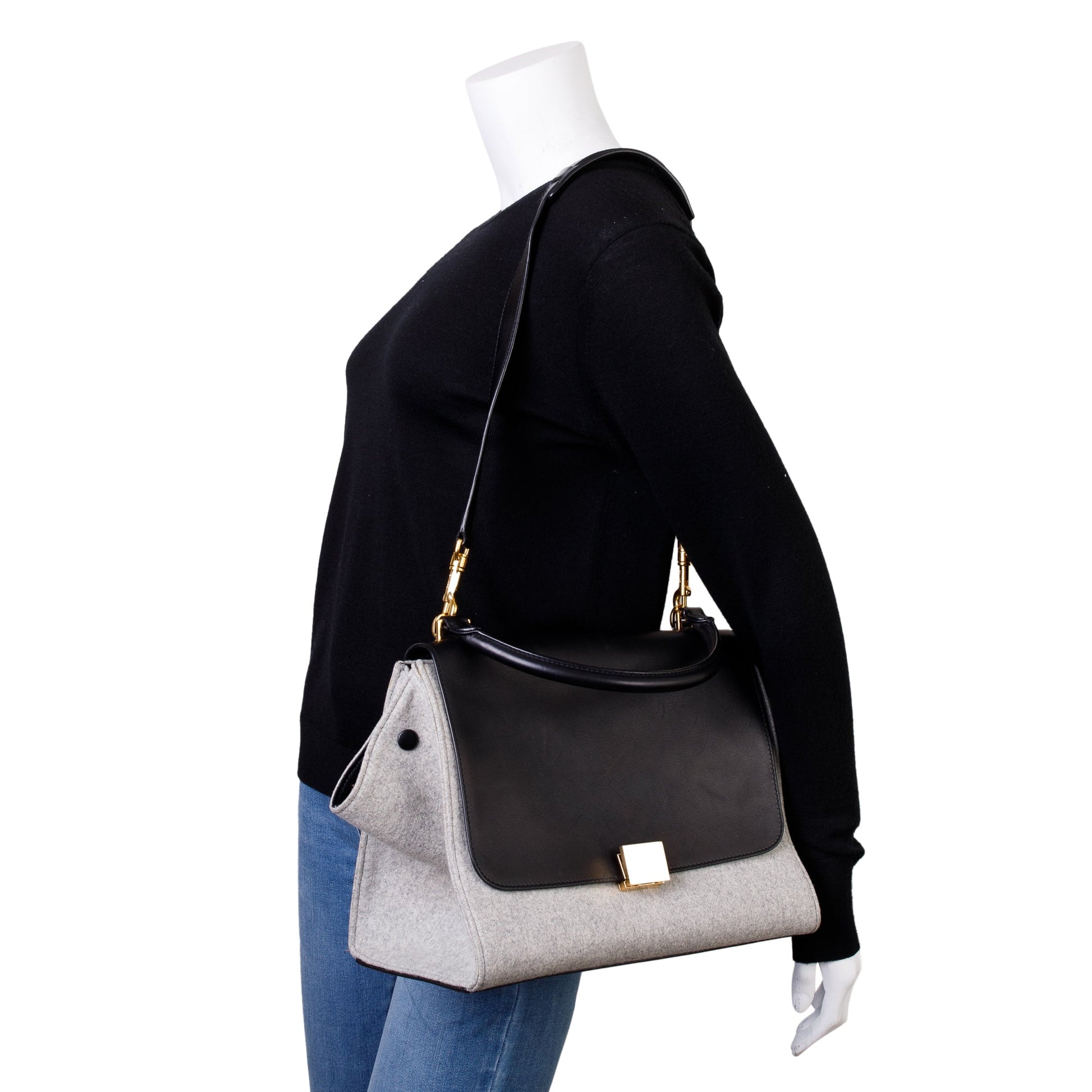 Celine Calfskin And Grey Felt Trapeze Bag Leather Black Travel Bag