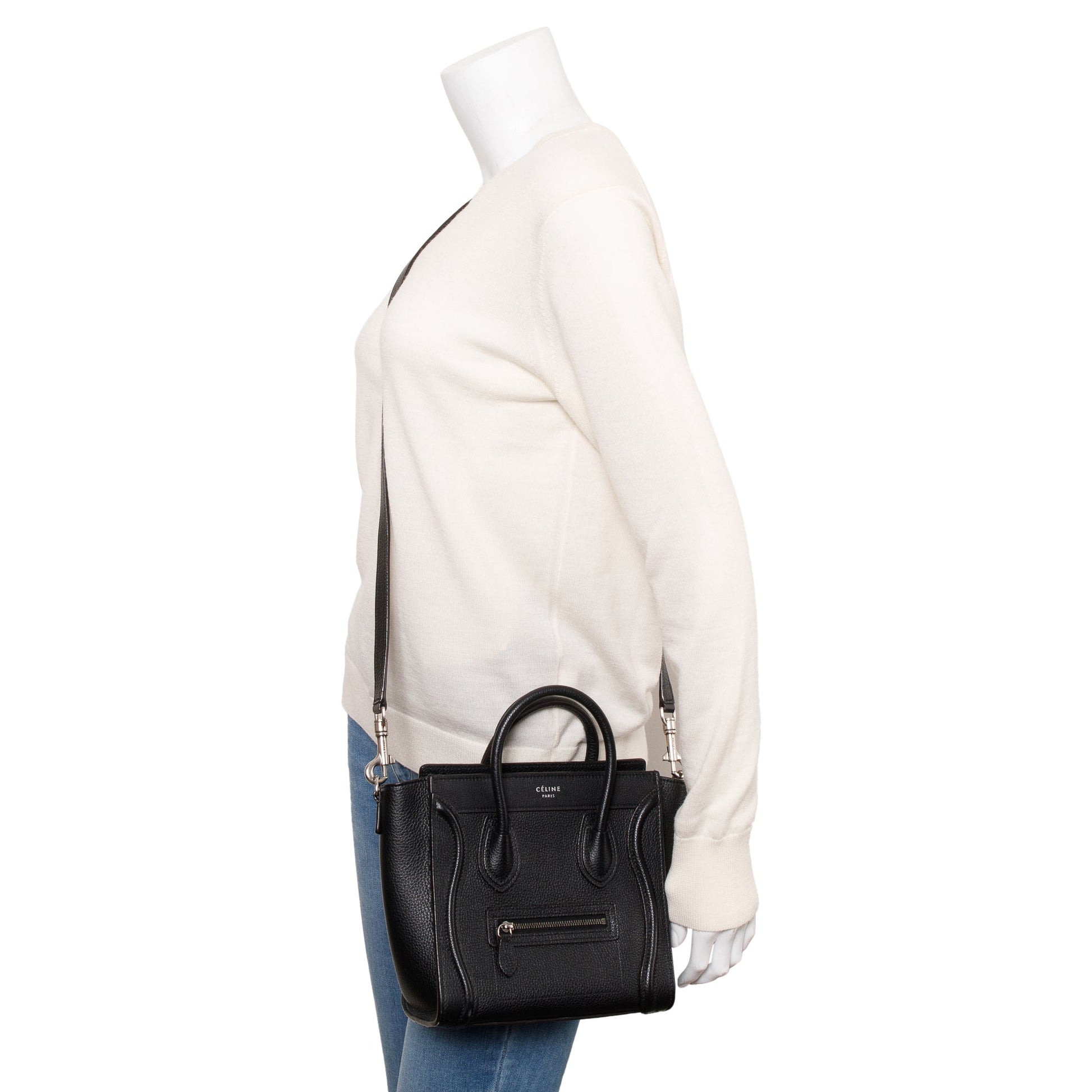 Celine Drummed Calfskin Nano Luggage Tote Handbag Leather Black Tote Bag