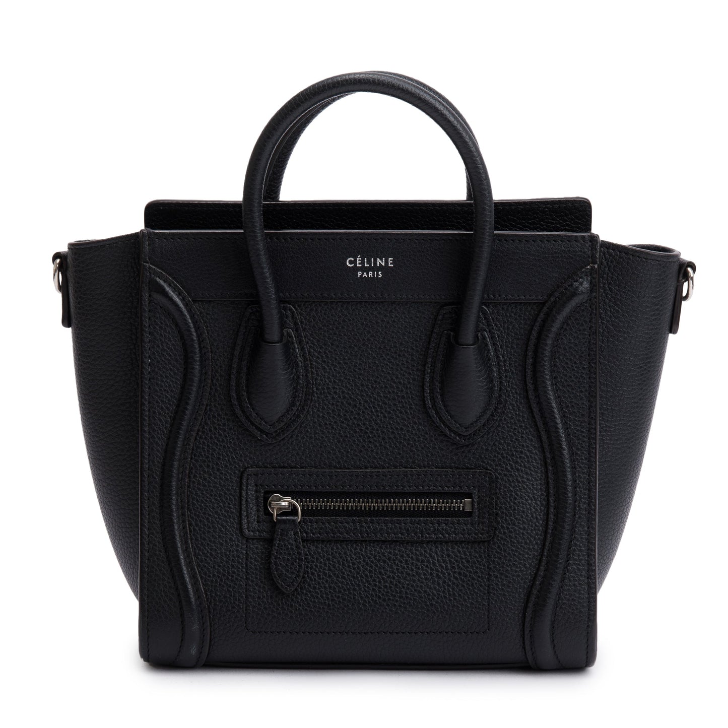 Celine Drummed Calfskin Nano Luggage Tote Handbag Leather Black Tote Bag
