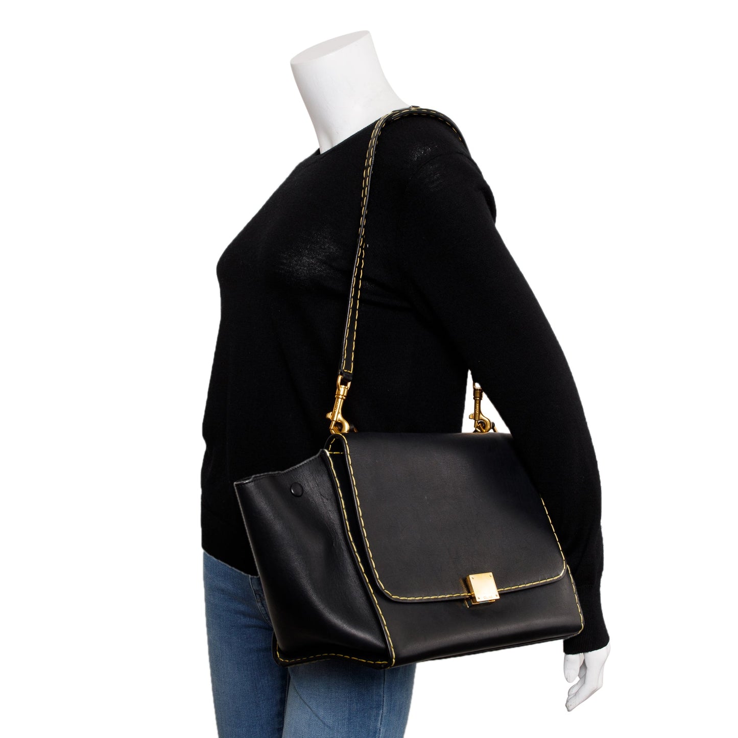 Celine Smooth Calfskin Yellow Stitching Trapeze Bag Leather Black Travel Bag