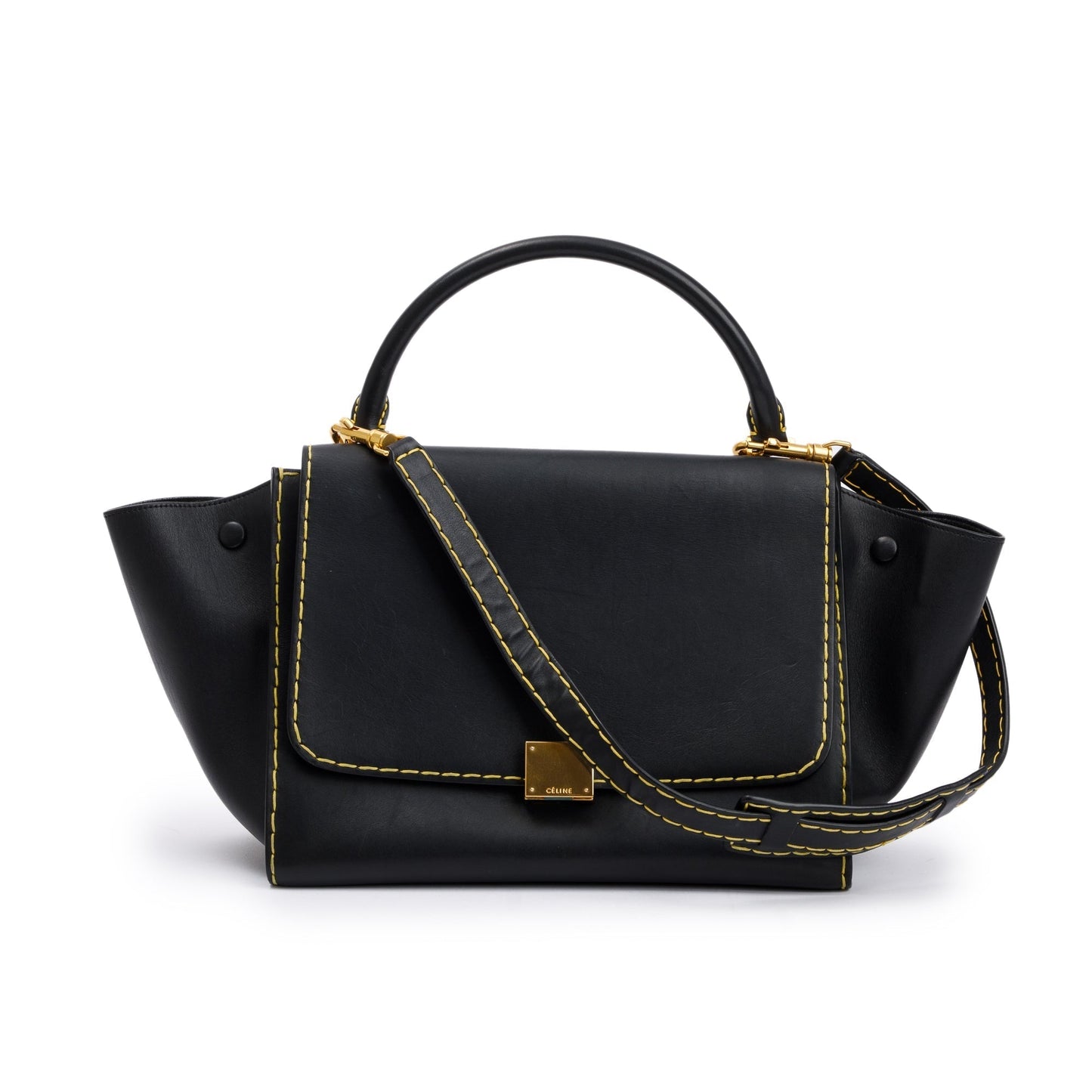 Celine Smooth Calfskin Yellow Stitching Trapeze Bag Leather Black Travel Bag