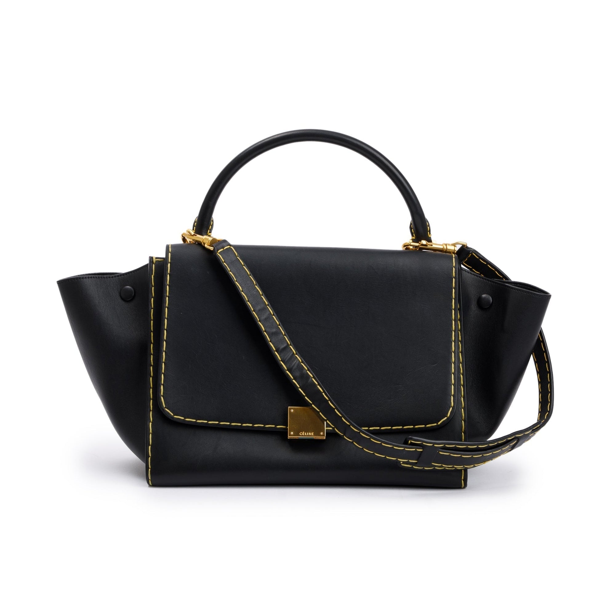 Celine Smooth Calfskin Yellow Stitching Trapeze Bag Leather Black Travel Bag