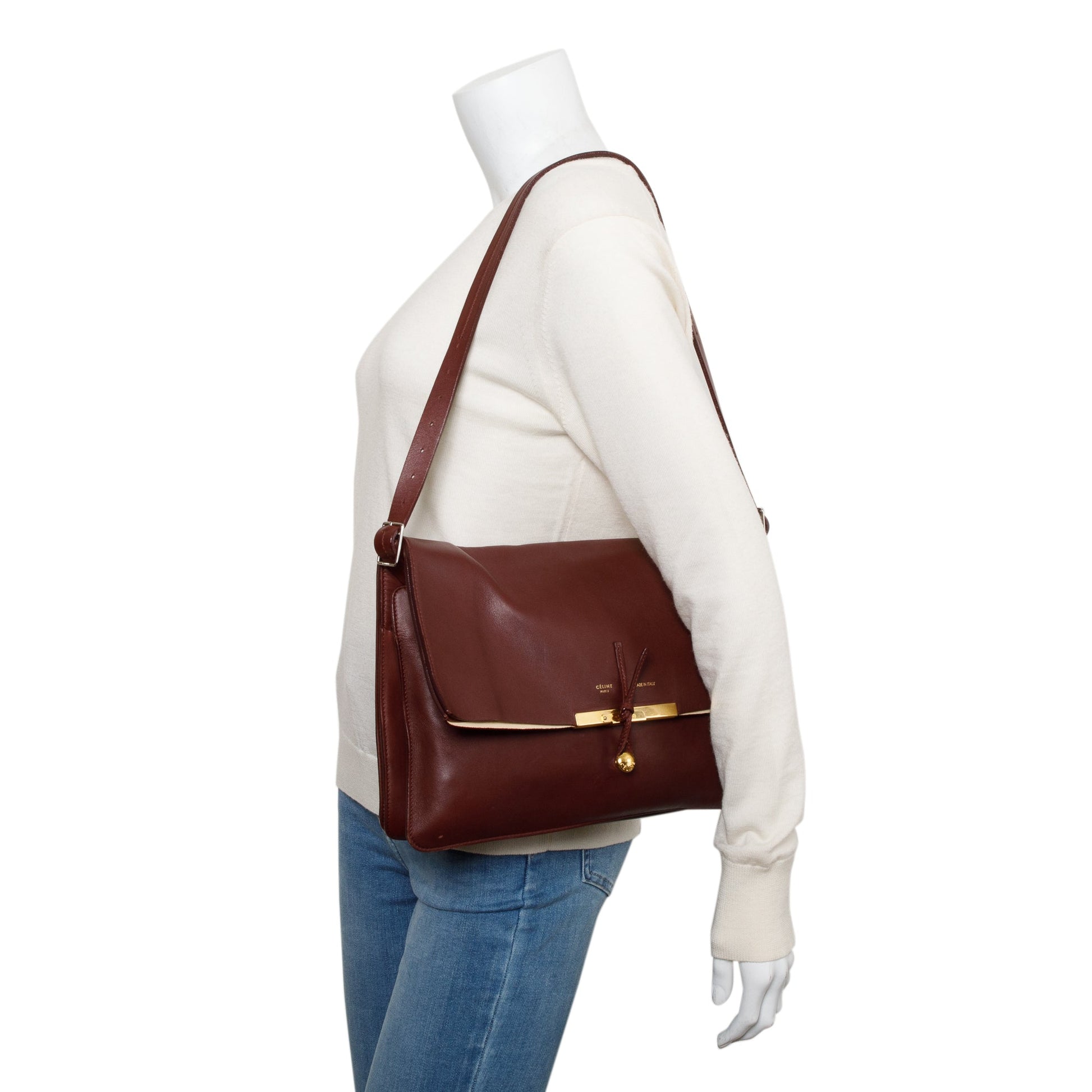 Celine Burgundy Calfskin Blade Shoulder Bag Leather Flap