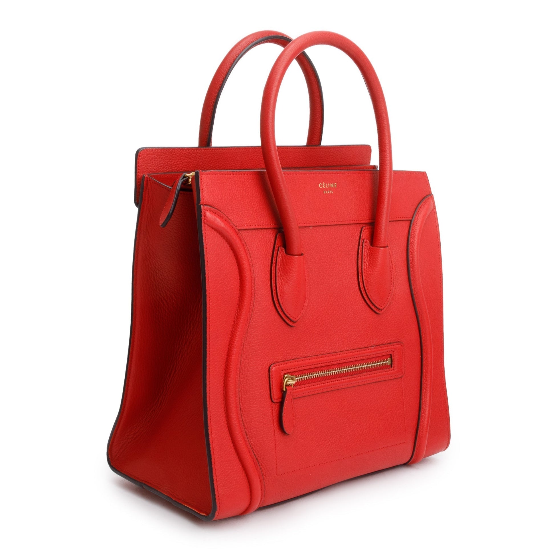 Celine Drummed Calfskin Luggage Tote Handbag Leather Red Tote Bag