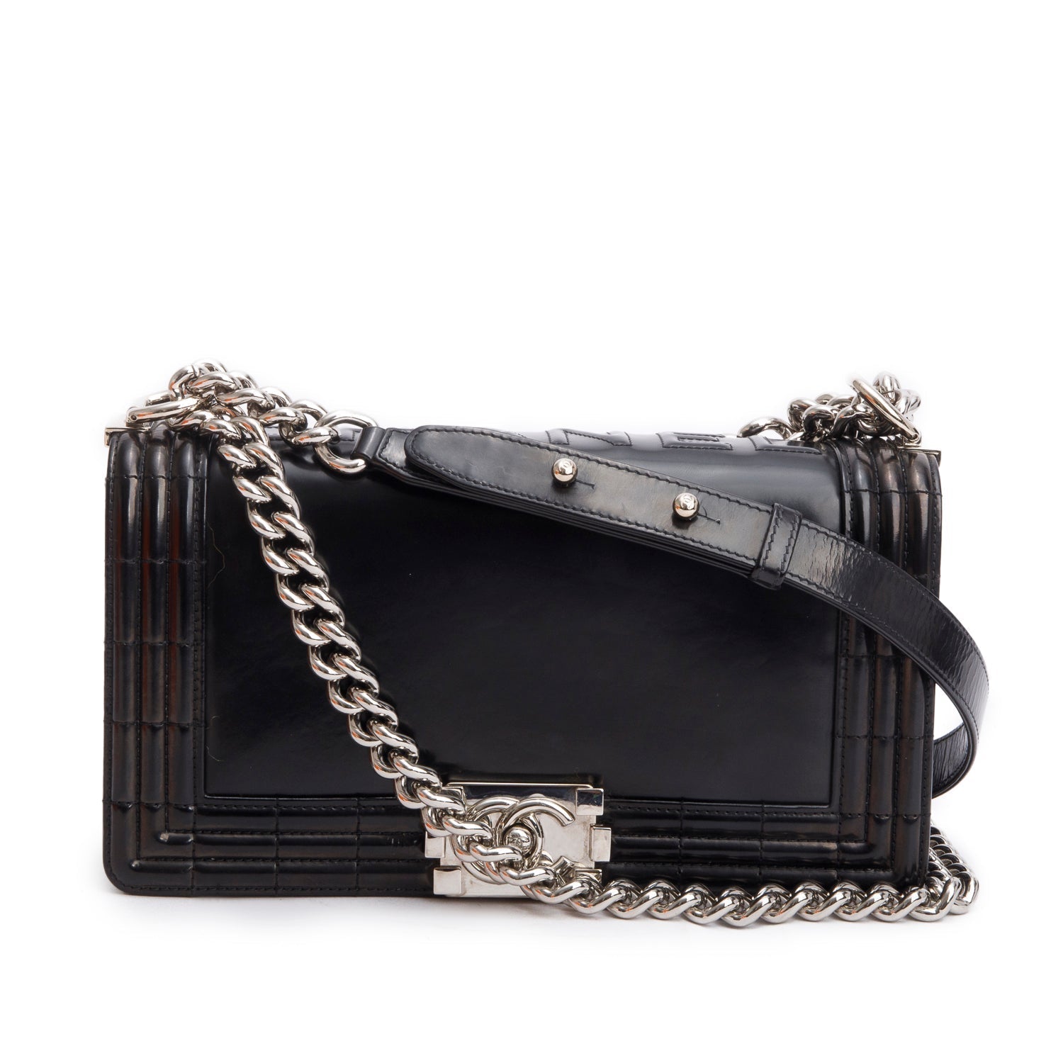 Chanel Patent Original Clasp Boy Flap Leather Black Travel Bag