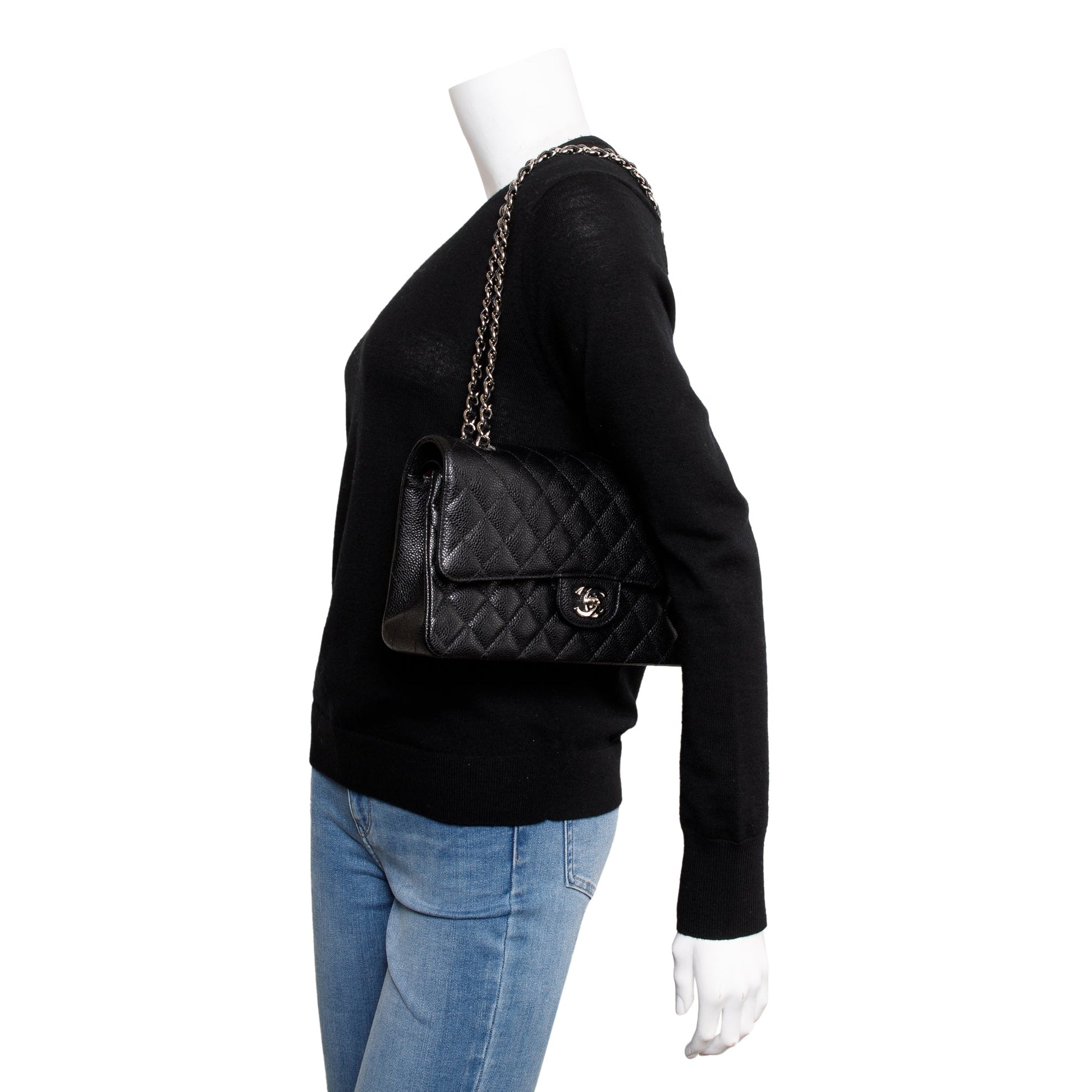 Chanel Caviar Classic Double Flap Leather Black Travel Bag 4