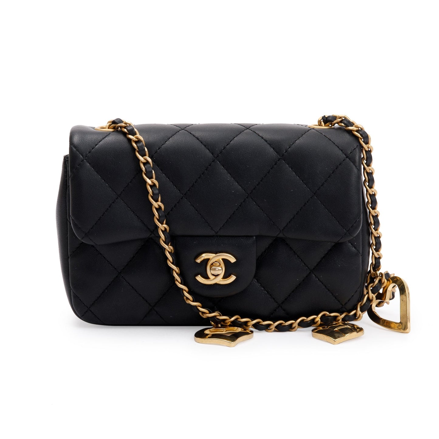 Chanel Quilted Heart Charms Flap Lambskin Black Key Chain
