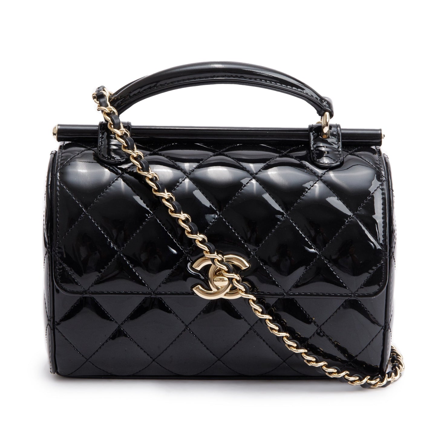 Chanel Quilted Patent Top Handle Flap Leather Black Travel Bag
