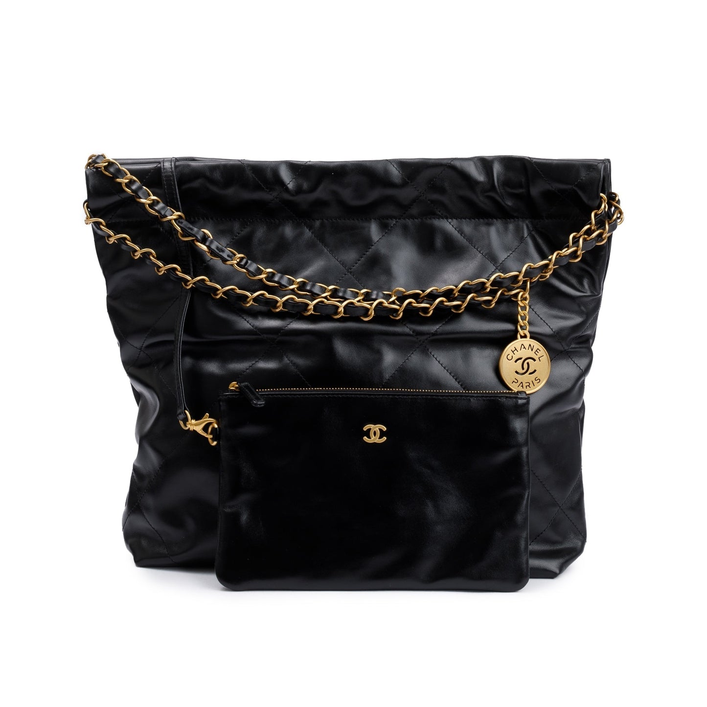 Chanel Shiny 22 Hobo Leather Calfskin Black Travel Bag