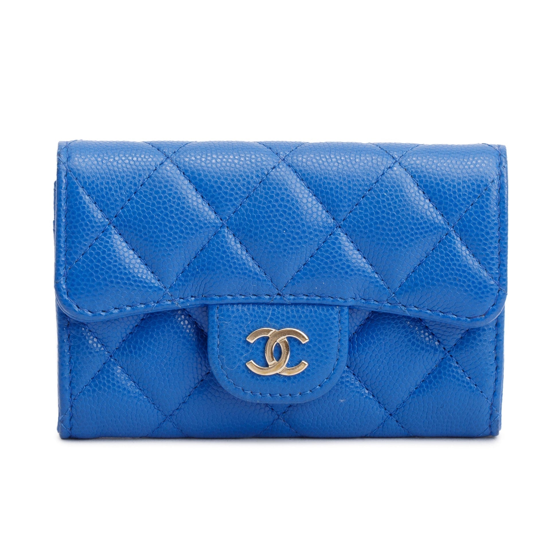 Chanel Caviar Classic Flap Card Holder Leather Blue Wallet Case