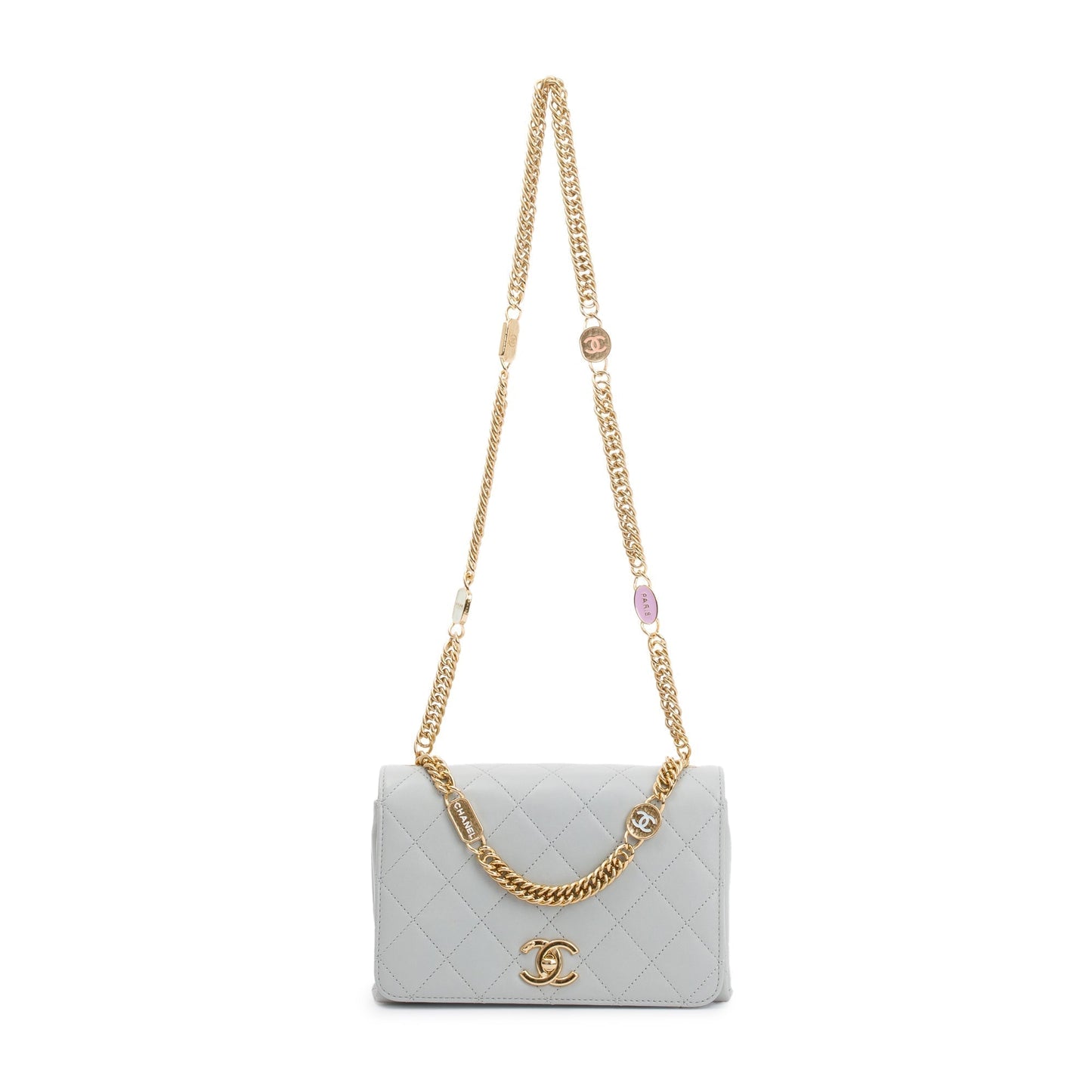 Chanel Quilted Logo Handle Flap Leather Lambskin Grey Travel Bag