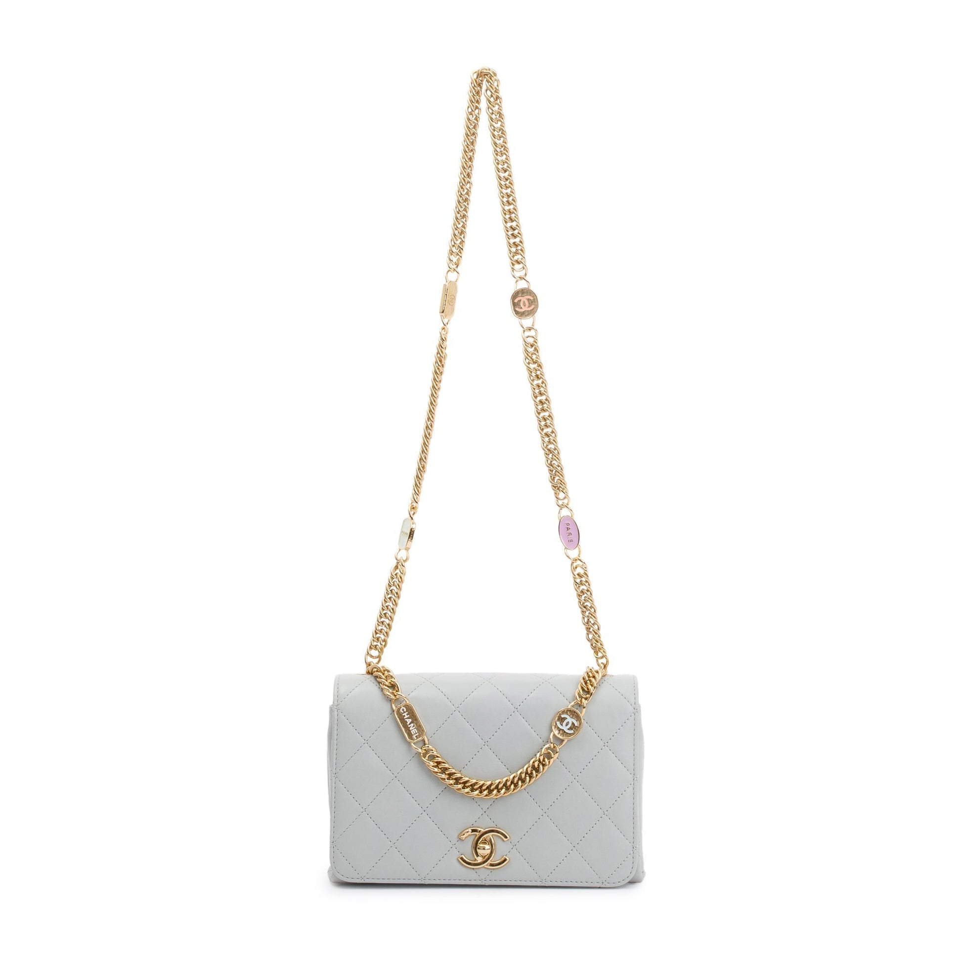 Chanel Quilted Logo Handle Flap Leather Lambskin Grey Travel Bag