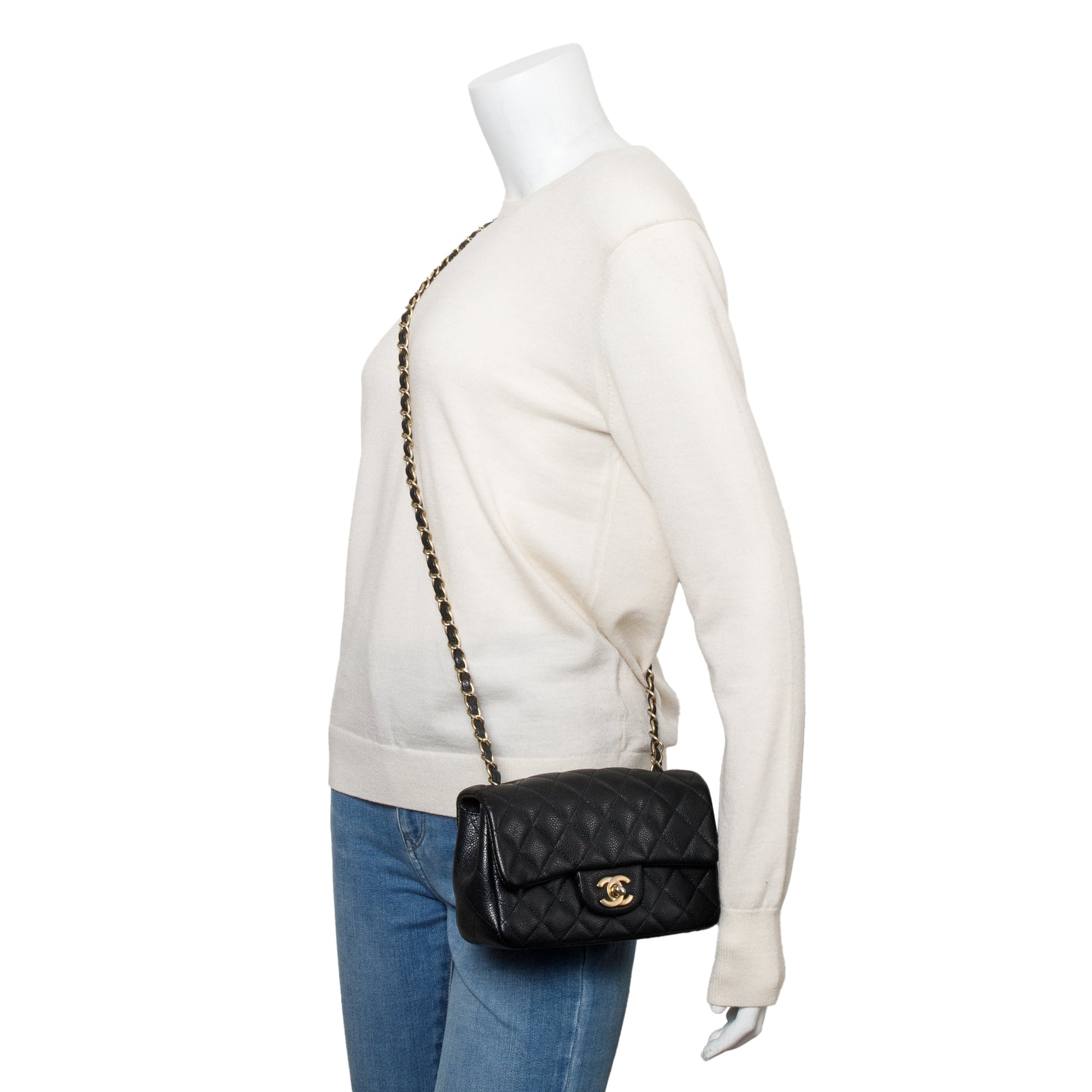 Chanel Caviar Classic Rectangular Flap Leather Black Travel Bag
